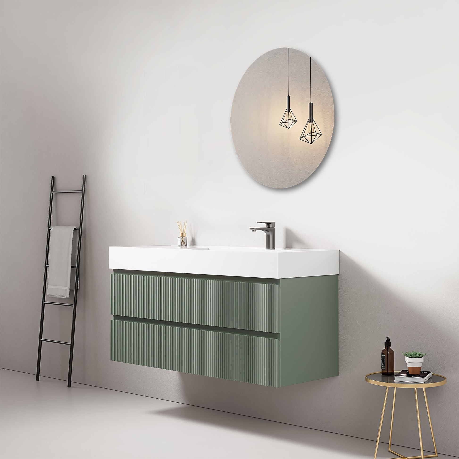 Mobile bagno sospeso cannettato 120 cm Verde Salvia Lavabo a Destra in Resina Specchio Tondo - Fiji Paint