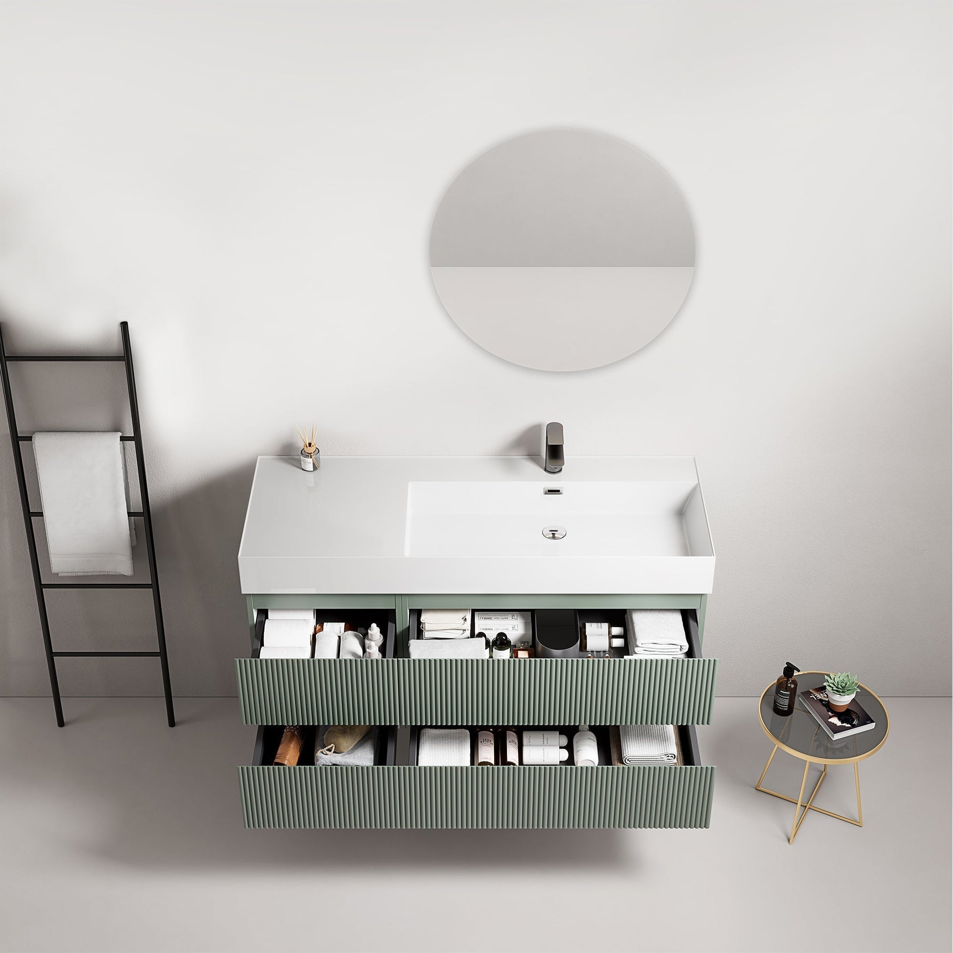 Mobile bagno sospeso cannettato 120 cm Verde Salvia Lavabo a Destra in Resina Specchio Tondo - Fiji Paint.