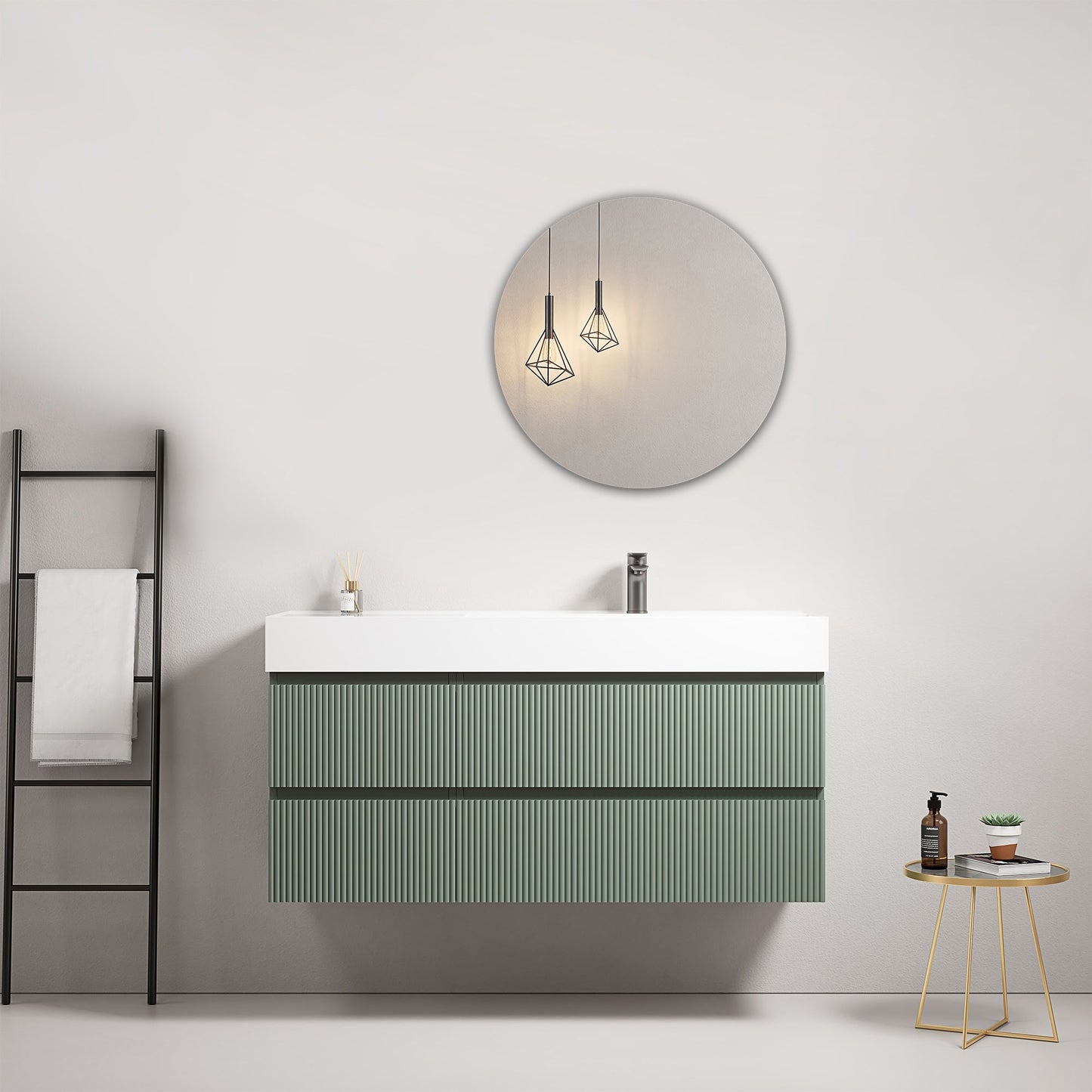 Mobile bagno sospeso cannettato 120 cm Verde Salvia Lavabo a Destra in Resina Specchio Tondo - Fiji Paint e design moderno.