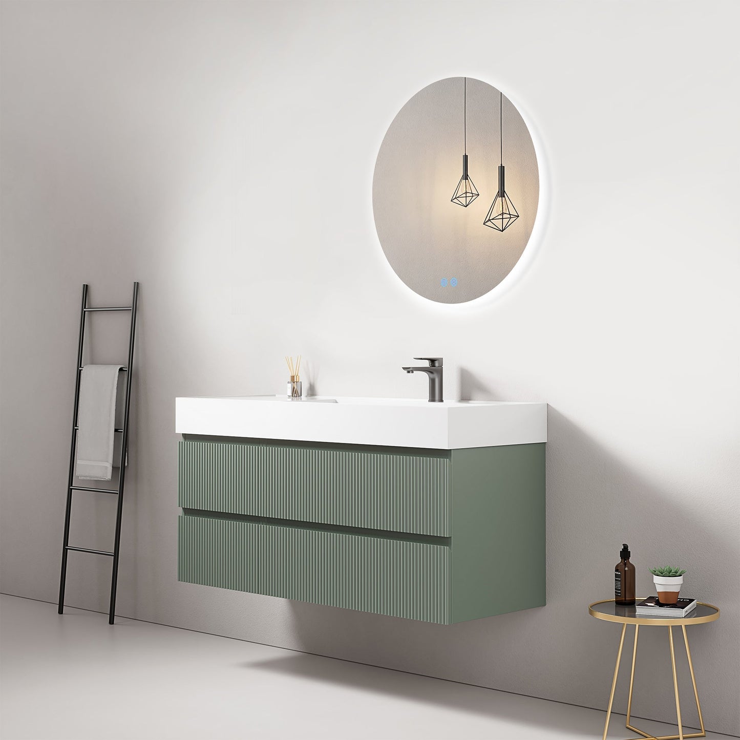 Mobile bagno sospeso cannettato 120 cm Verde Salvia Lavabo a Destra in Resina Specchio Tondo Retroilluminato - Fiji Paint