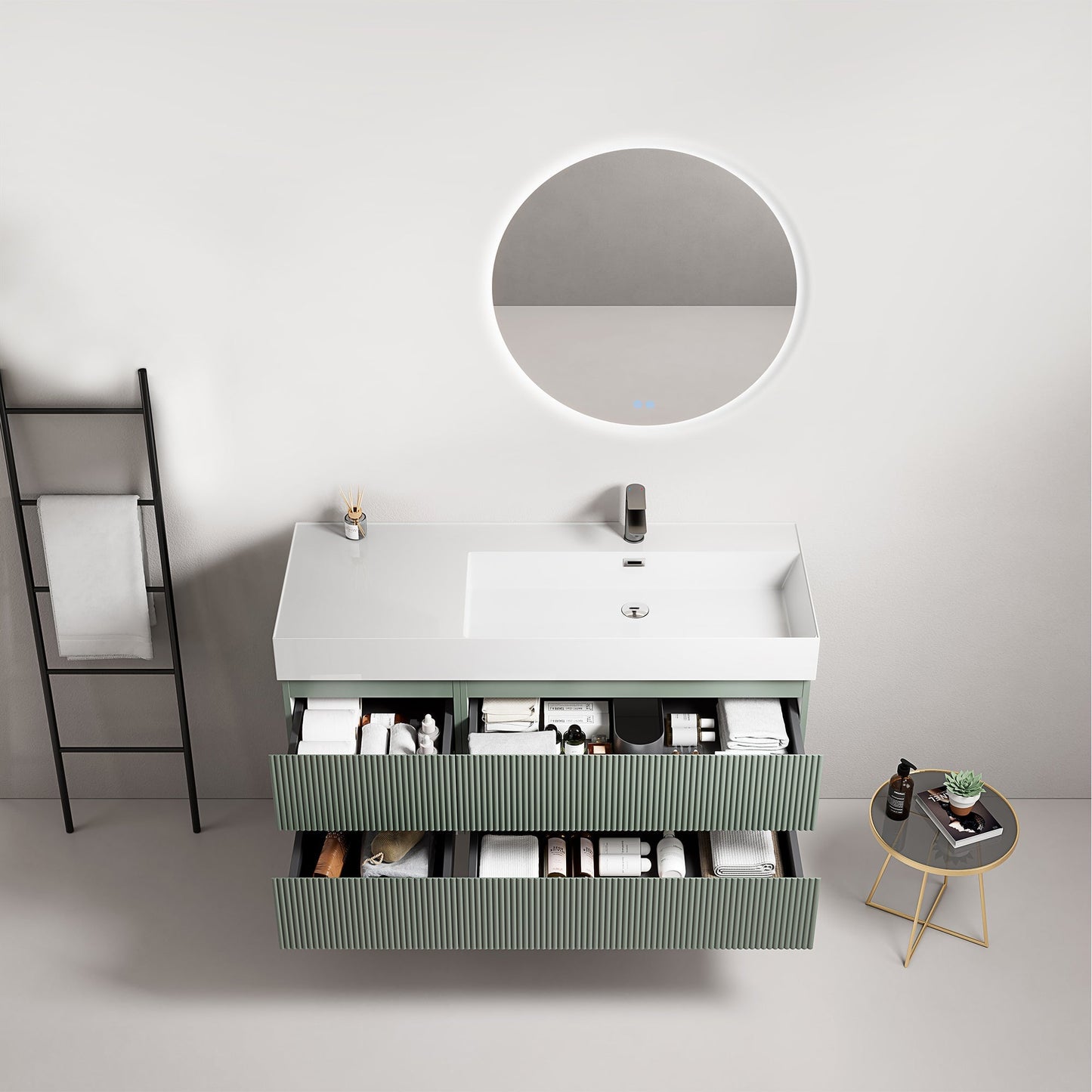 Mobile bagno sospeso cannettato 120 cm Verde Salvia Lavabo a Destra in Resina Specchio Tondo Retroilluminato - Fiji Paint