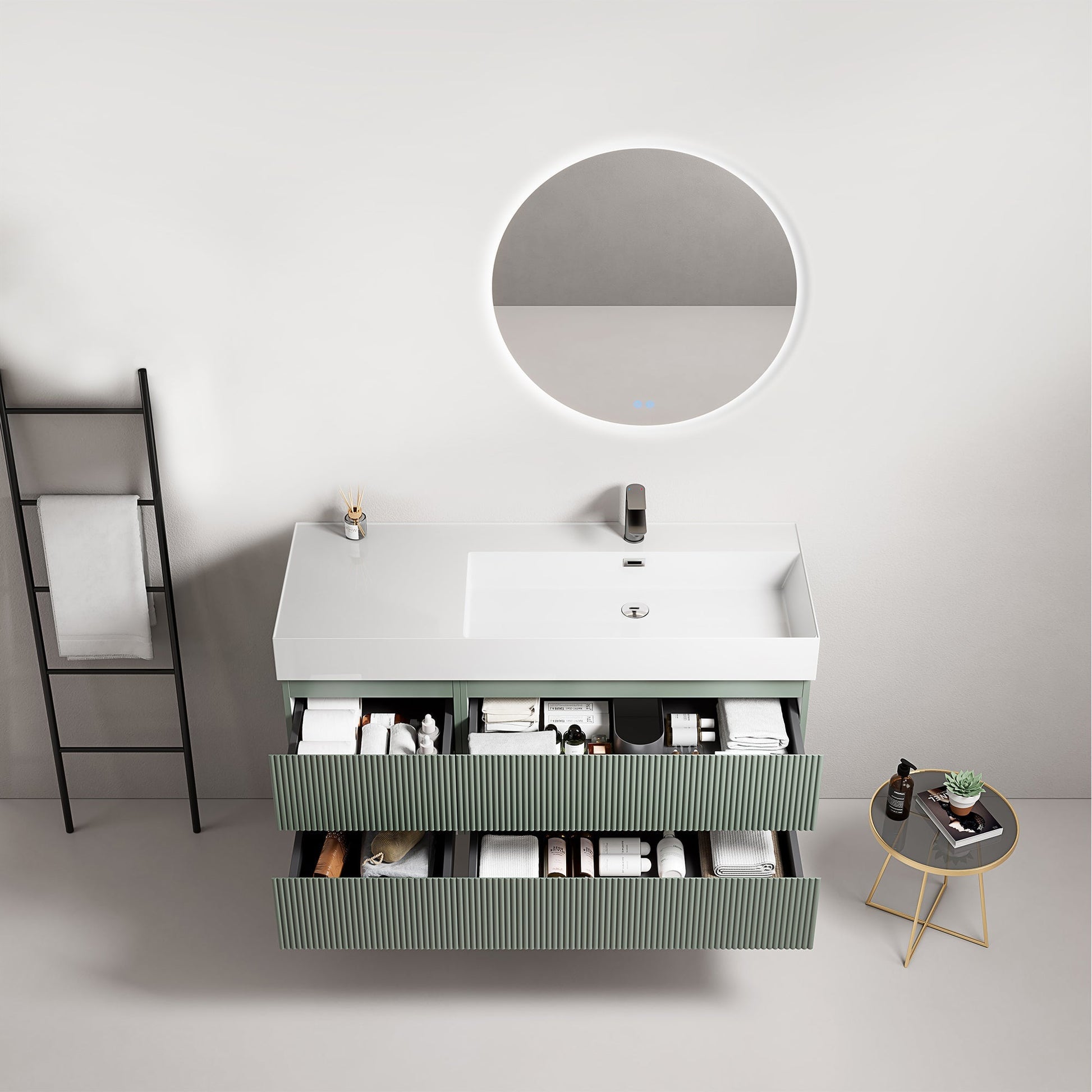 Mobile bagno sospeso cannettato 120 cm Verde Salvia Lavabo a Destra in Resina Specchio Tondo Retroilluminato - Fiji Paint