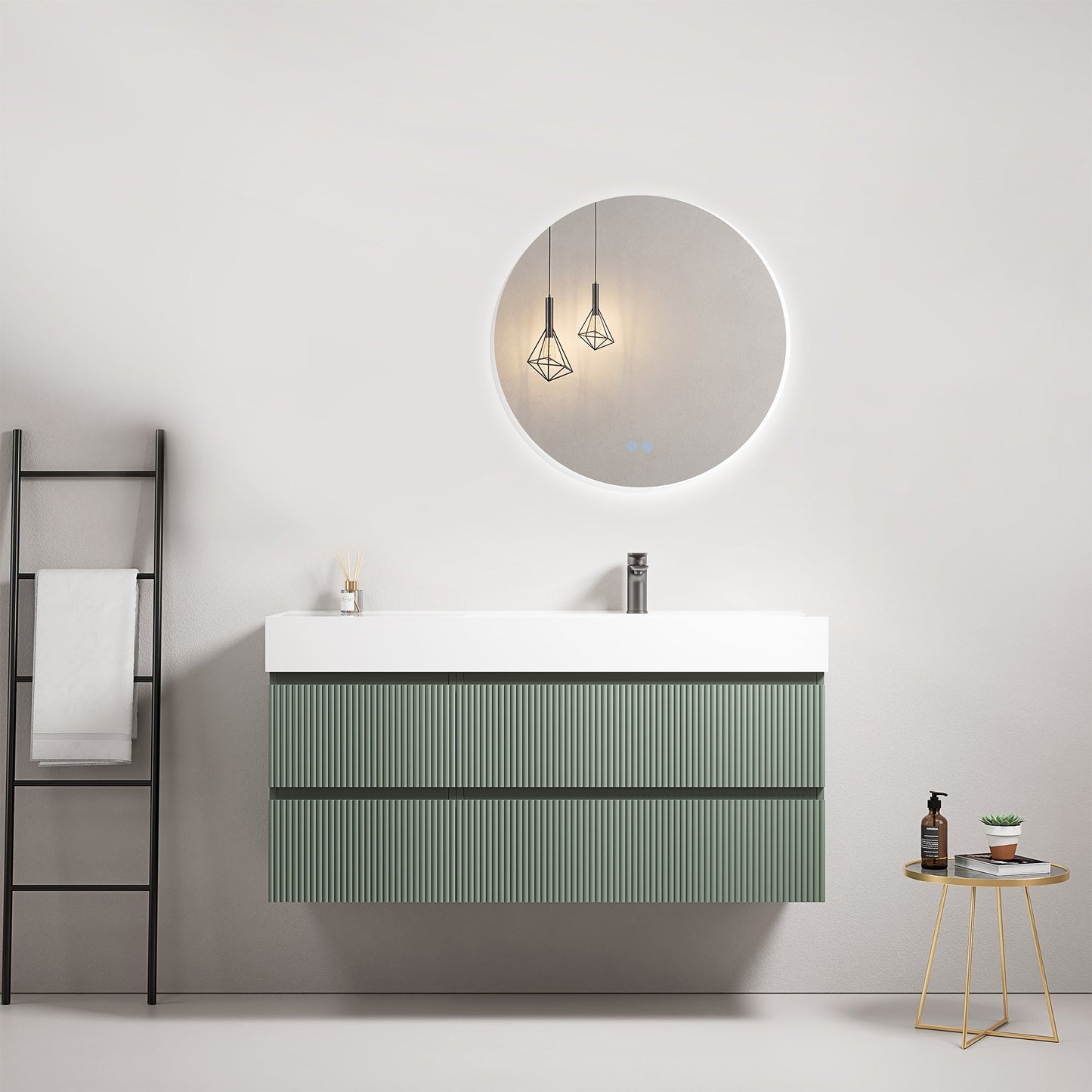 Mobile bagno sospeso cannettato 120 cm Verde Salvia Lavabo a Destra in Resina Specchio Tondo Retroilluminato - Fiji Paint