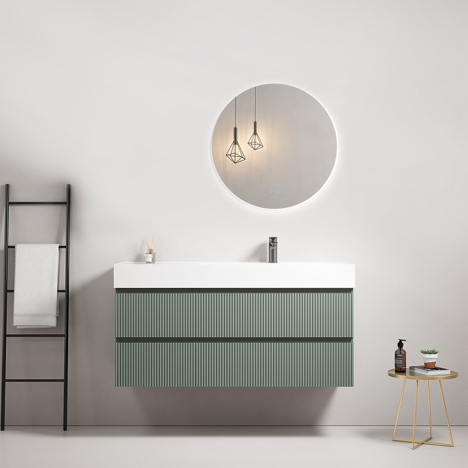 Mobile bagno sospeso cannettato 120 cm Verde Salvia Lavabo a Destra in Resina Specchio Tondo Retroilluminato - Fiji Paint