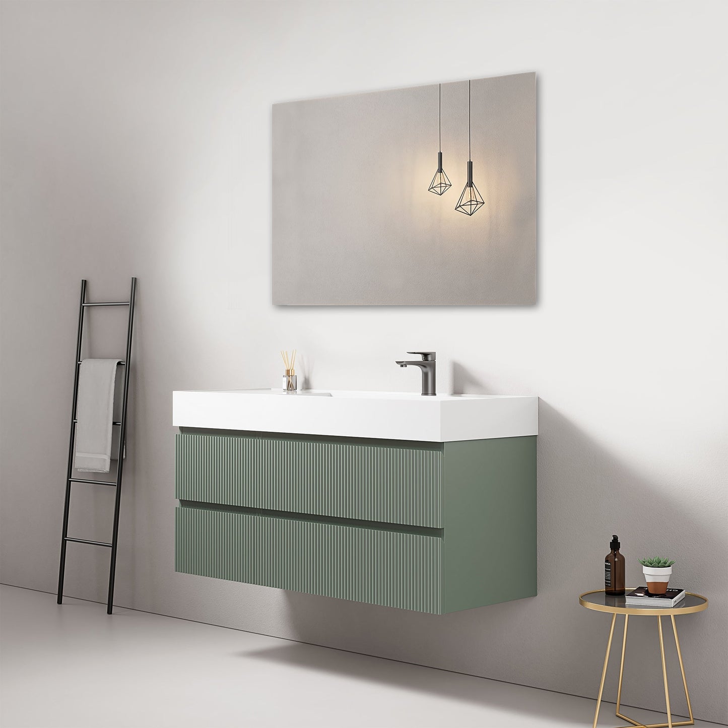 Mobile bagno sospeso cannettato 120 cm Verde Salvia Lavabo a Destra in Resina Specchio Quadro - Fiji Paint