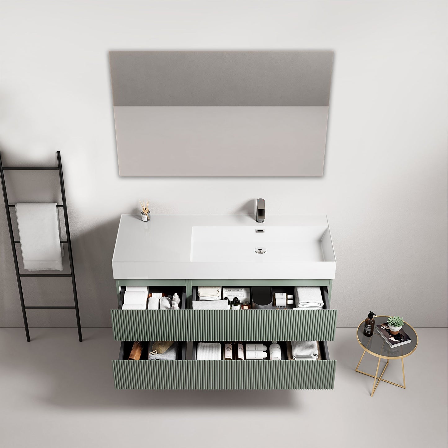 Mobile bagno sospeso cannettato 120 cm Verde Salvia Lavabo a Destra in Resina Specchio Quadro - Fiji Paint