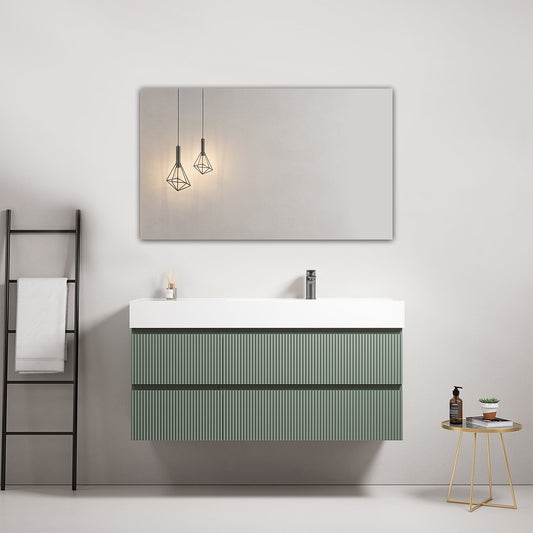 Mobile bagno sospeso cannettato 120 cm Verde Salvia Lavabo a Destra in Resina Specchio Quadro - Fiji Paint