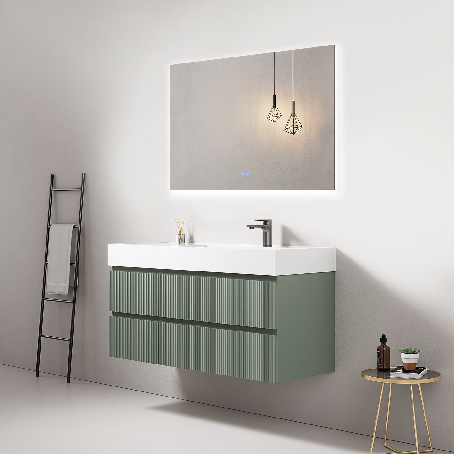 Mobile bagno sospeso cannettato 120 cm Verde Salvia Lavabo a Destra in Resina Specchio Quadro Retroilluminato - Fiji Paint