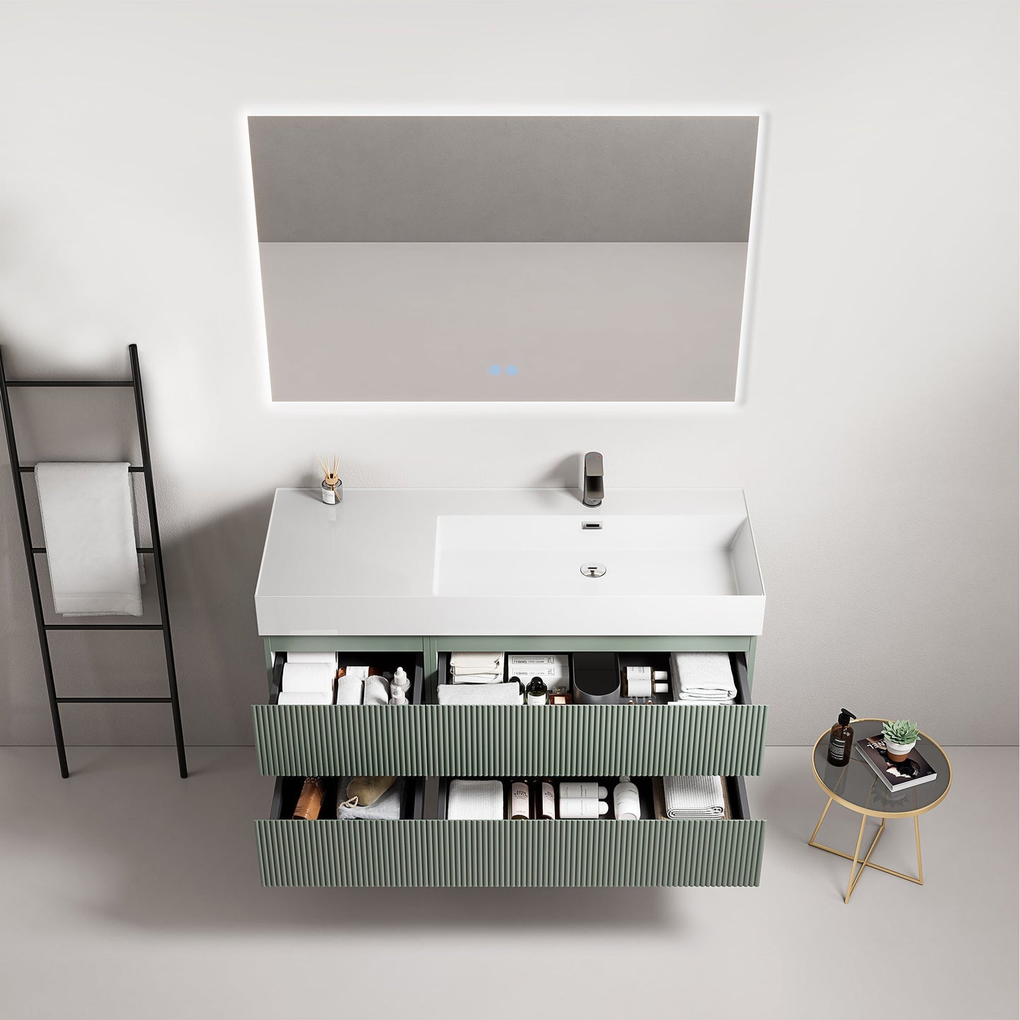 Mobile bagno sospeso cannettato 120 cm Verde Salvia Lavabo a Destra in Resina Specchio Quadro Retroilluminato - Fiji Paint