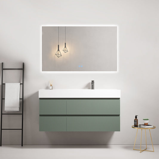 Mobile bagno sospeso cannettato 120 cm Verde Salvia Lavabo a Destra in Resina Specchio Quadro Retroilluminato - Fiji Paint