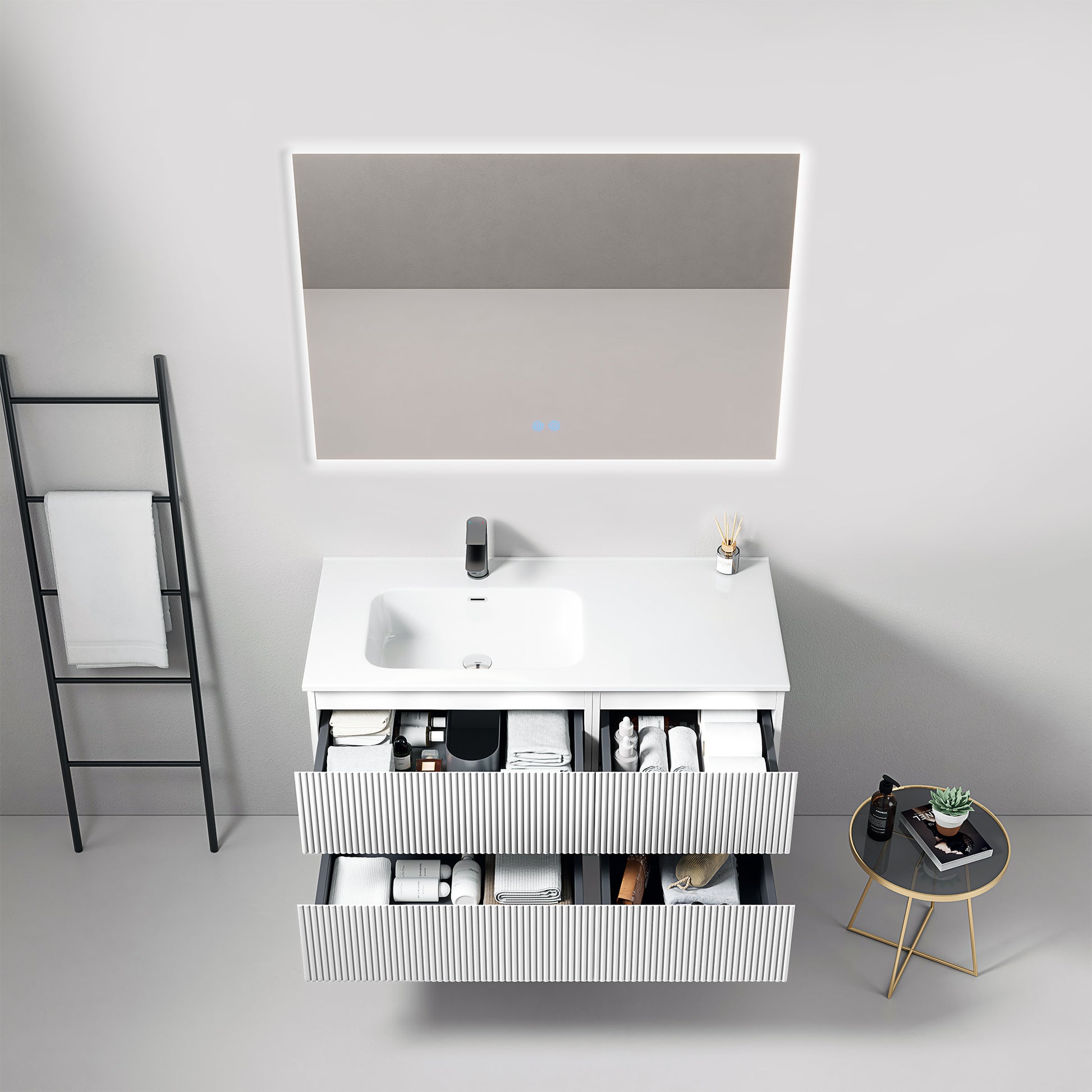 Mobile bagno sospeso cannettato 100 cm Bianco Lavabo a Sinistra in Ceramica Specchio Quadro Retroilluminato - Fiji Paint