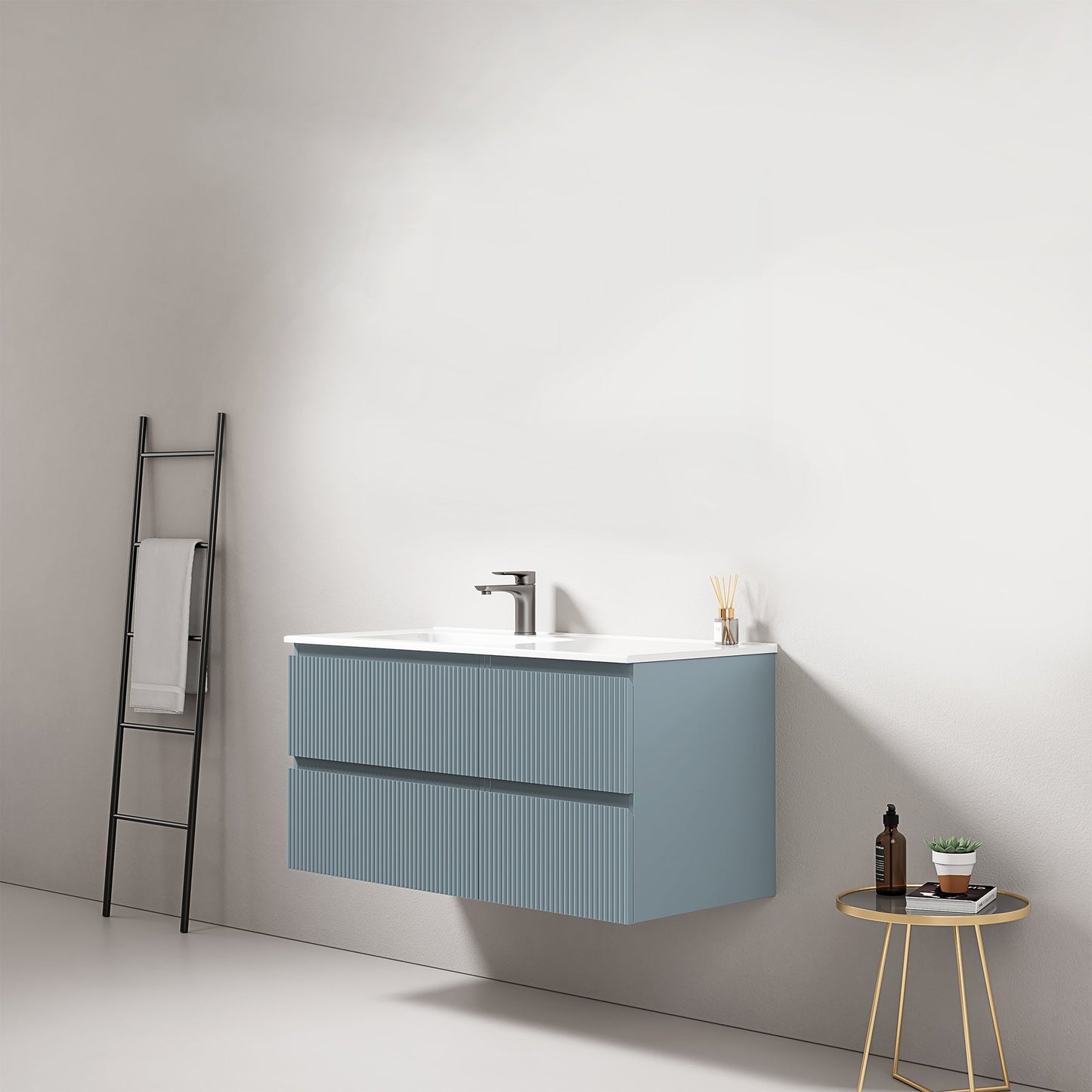 Mobile bagno sospeso cannettato 100 cm Blu Avio Lavabo a Sinistra in Ceramica Senza Specchio - Fiji Paint