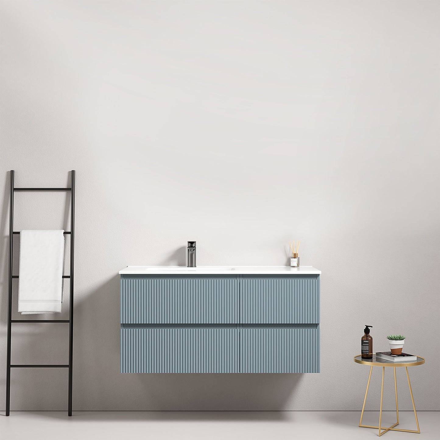 Mobile bagno sospeso cannettato 100 cm Blu Avio Lavabo a Sinistra in Ceramica Senza Specchio - Fiji Paint
