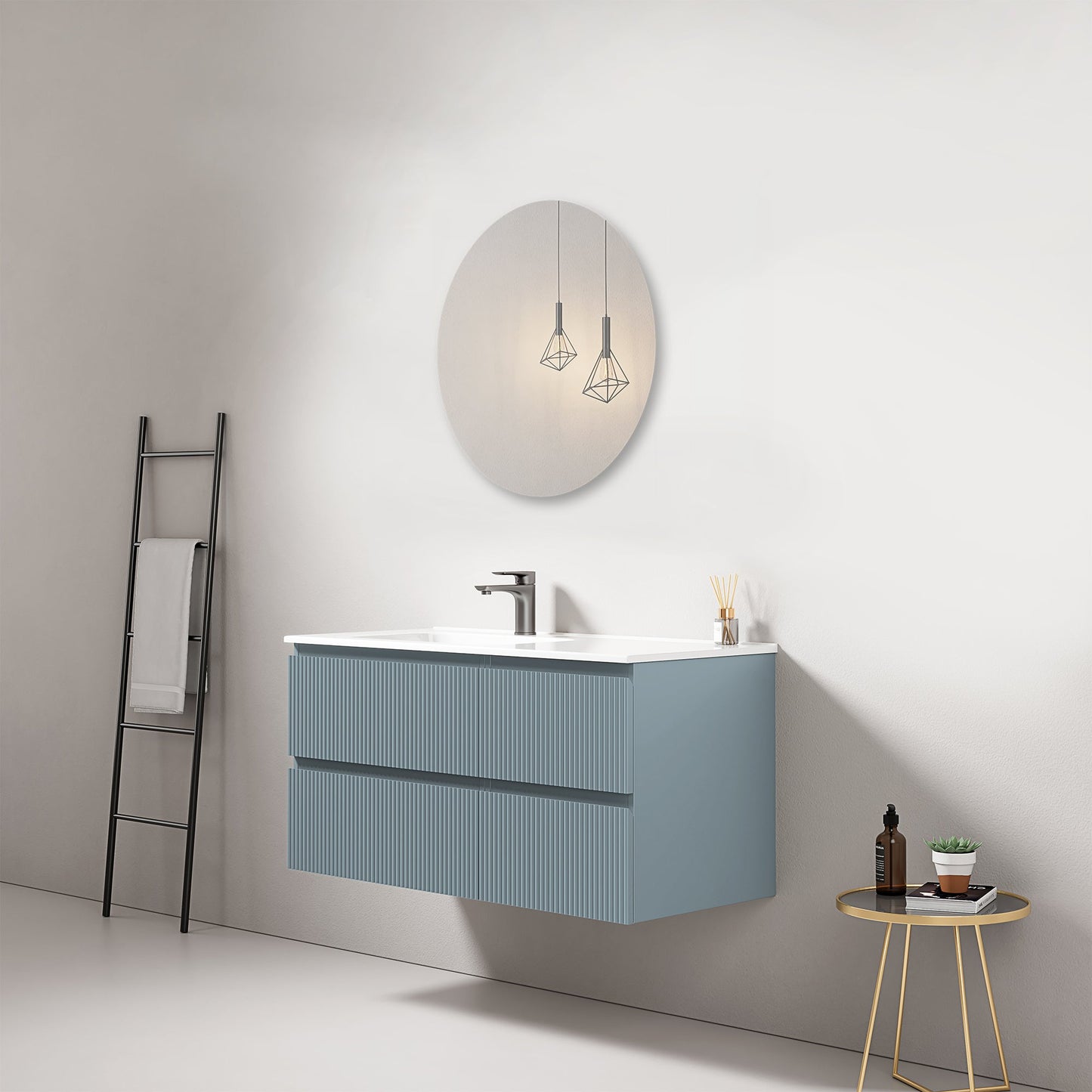 Mobile bagno sospeso cannettato 100 cm Blu Avio Lavabo a Sinistra in Ceramica Specchio Tondo - Fiji Paint