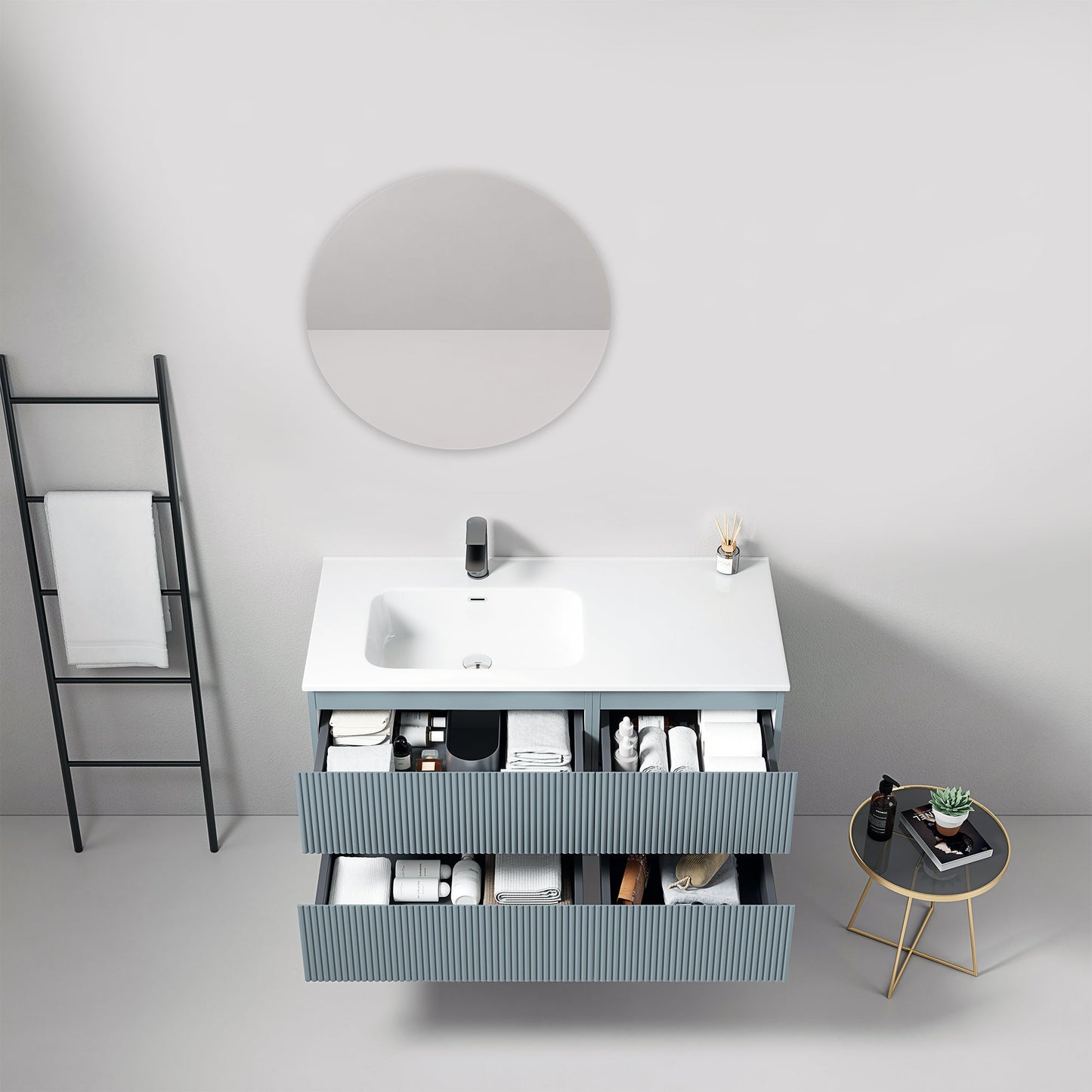 Mobile bagno sospeso cannettato 100 cm Blu Avio Lavabo a Sinistra in Ceramica Specchio Tondo - Fiji Paint