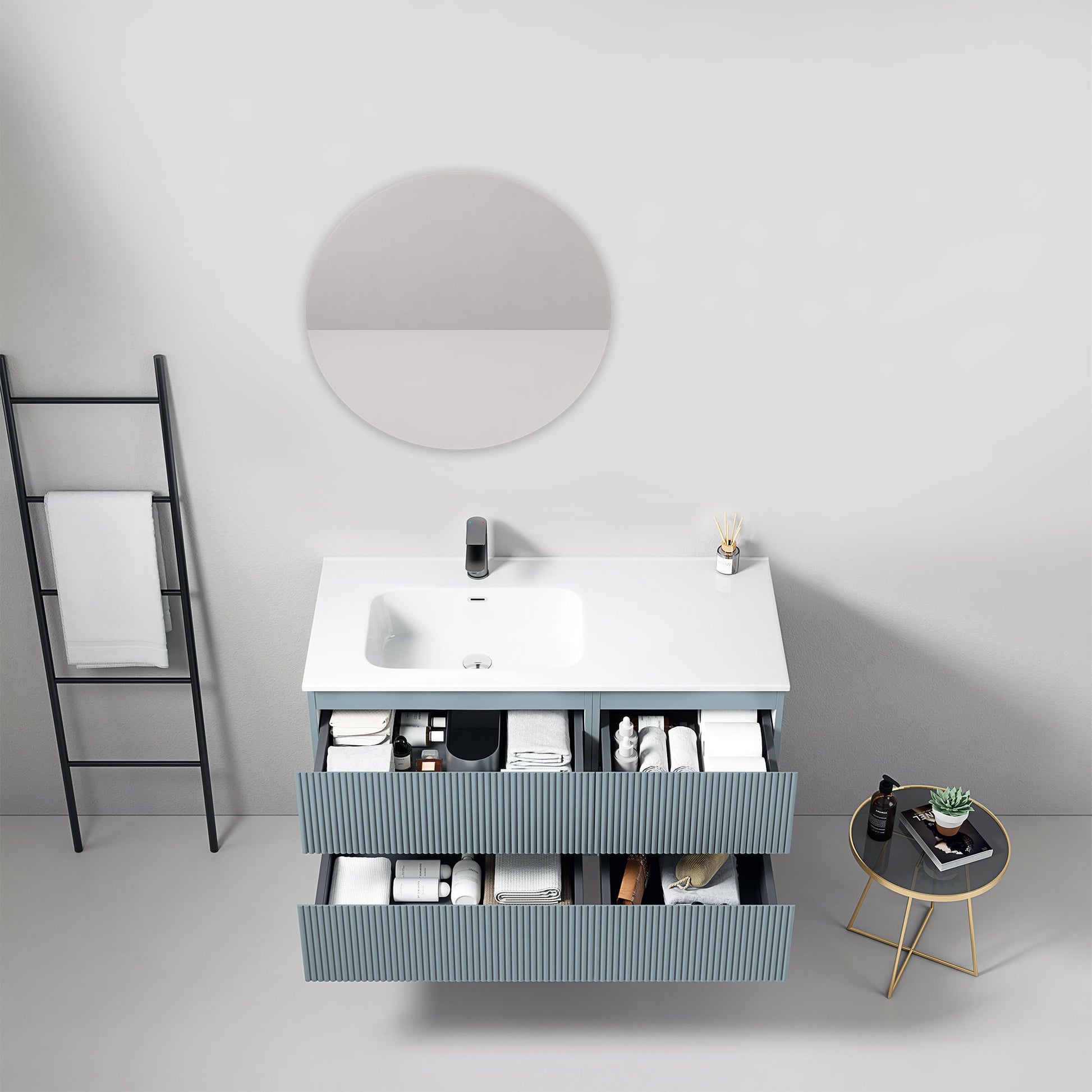 Mobile bagno sospeso cannettato 100 cm Blu Avio Lavabo a Sinistra in Ceramica Specchio Tondo - Fiji Paint