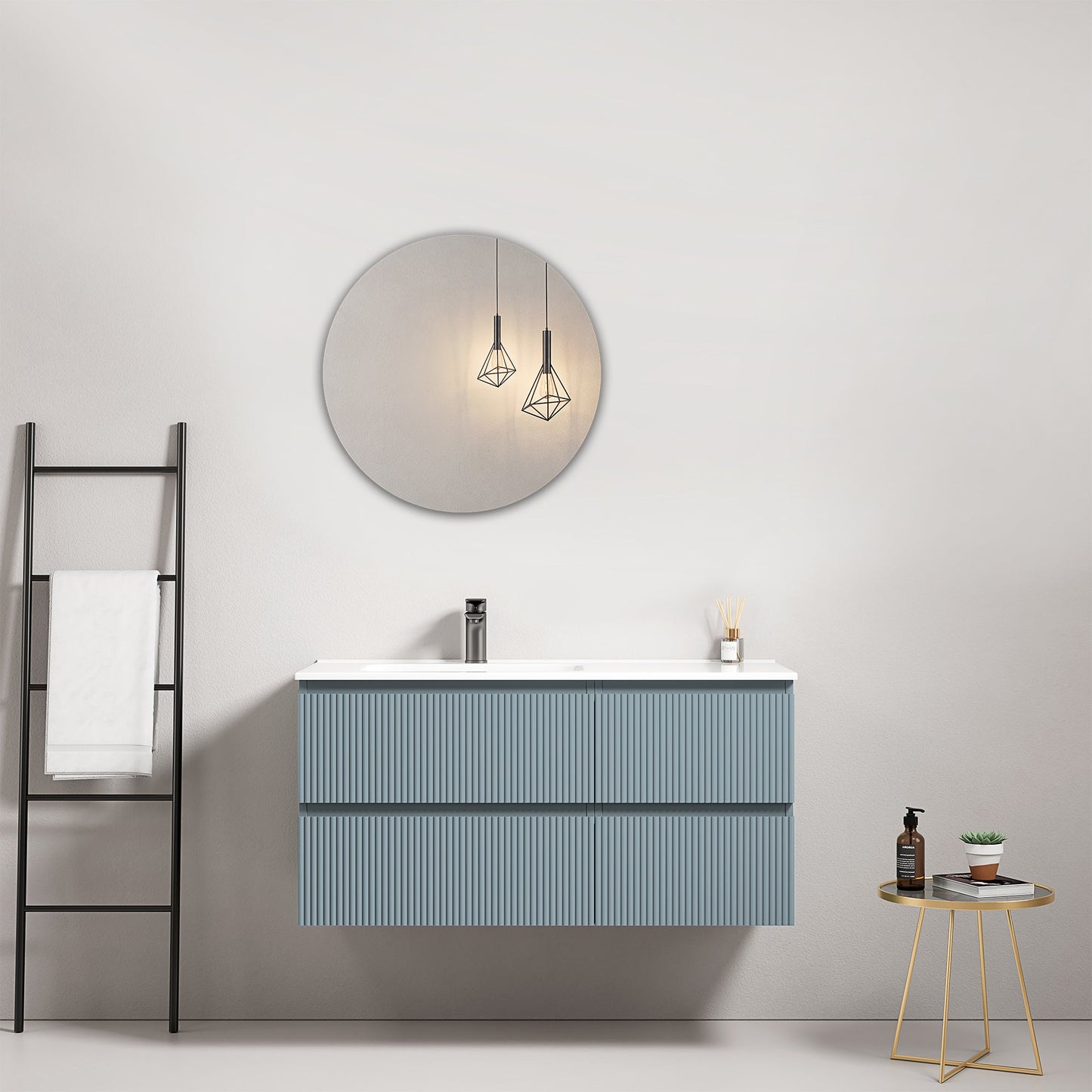 Mobile bagno sospeso cannettato 100 cm Blu Avio Lavabo a Sinistra in Ceramica Specchio Tondo - Fiji Paint