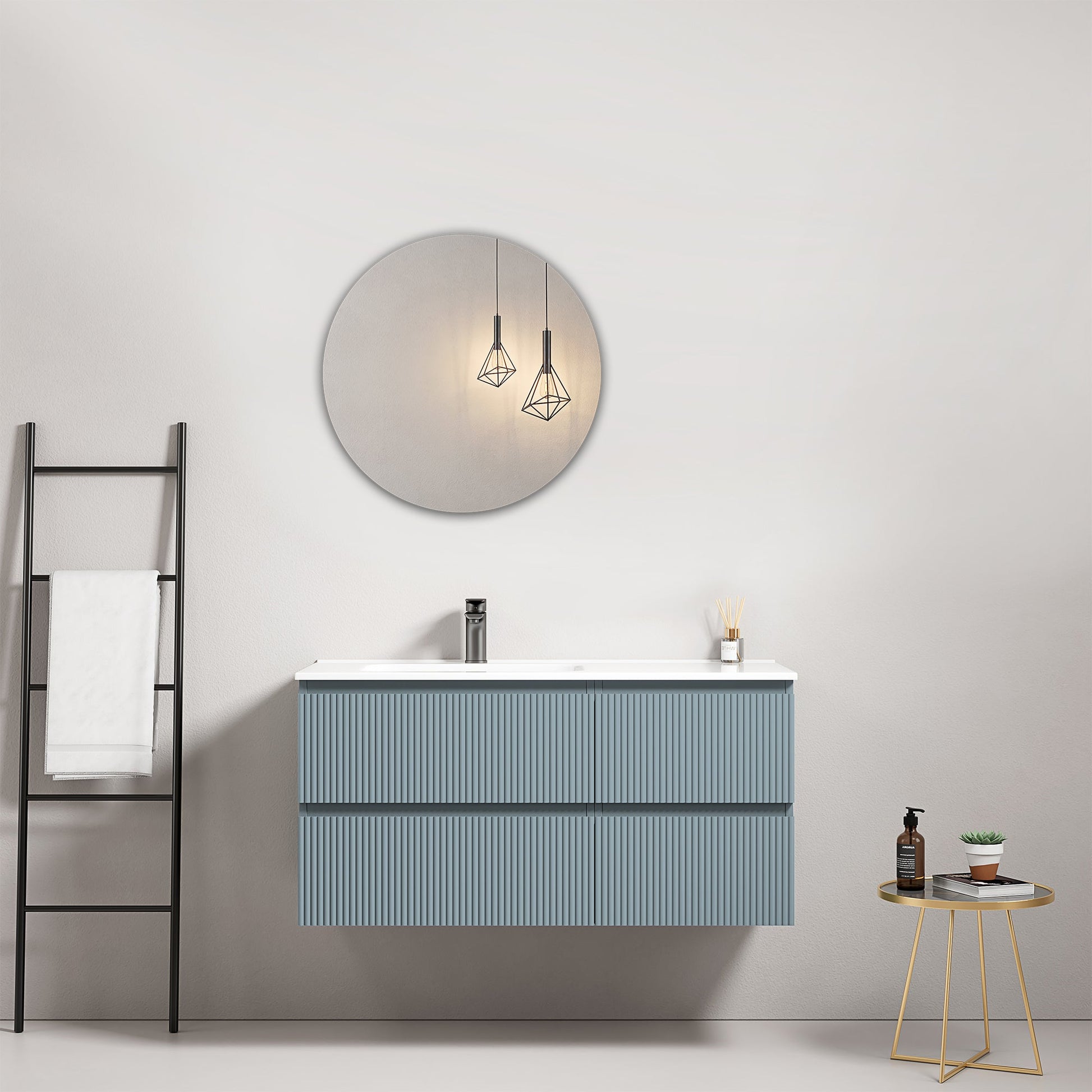 Mobile bagno sospeso cannettato 100 cm Blu Avio Lavabo a Sinistra in Ceramica Specchio Tondo - Fiji Paint