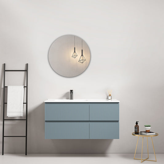 Mobile bagno sospeso cannettato 100 cm Blu Avio Lavabo a Sinistra in Ceramica Specchio Tondo - Fiji Paint
