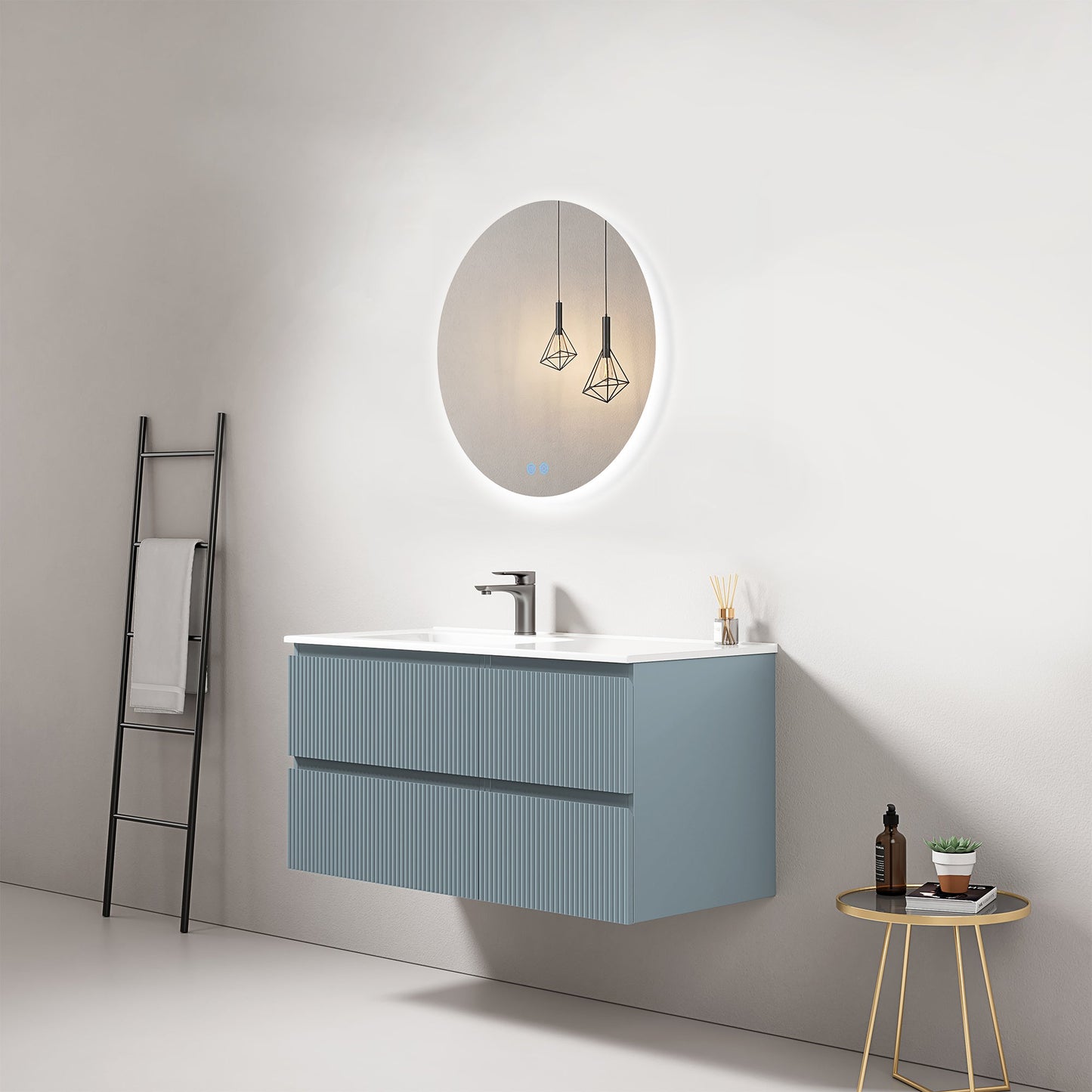 Mobile bagno sospeso cannettato 100 cm Blu Avio Lavabo a Sinistra in Ceramica Specchio Tondo Retroilluminato - Fiji Paint