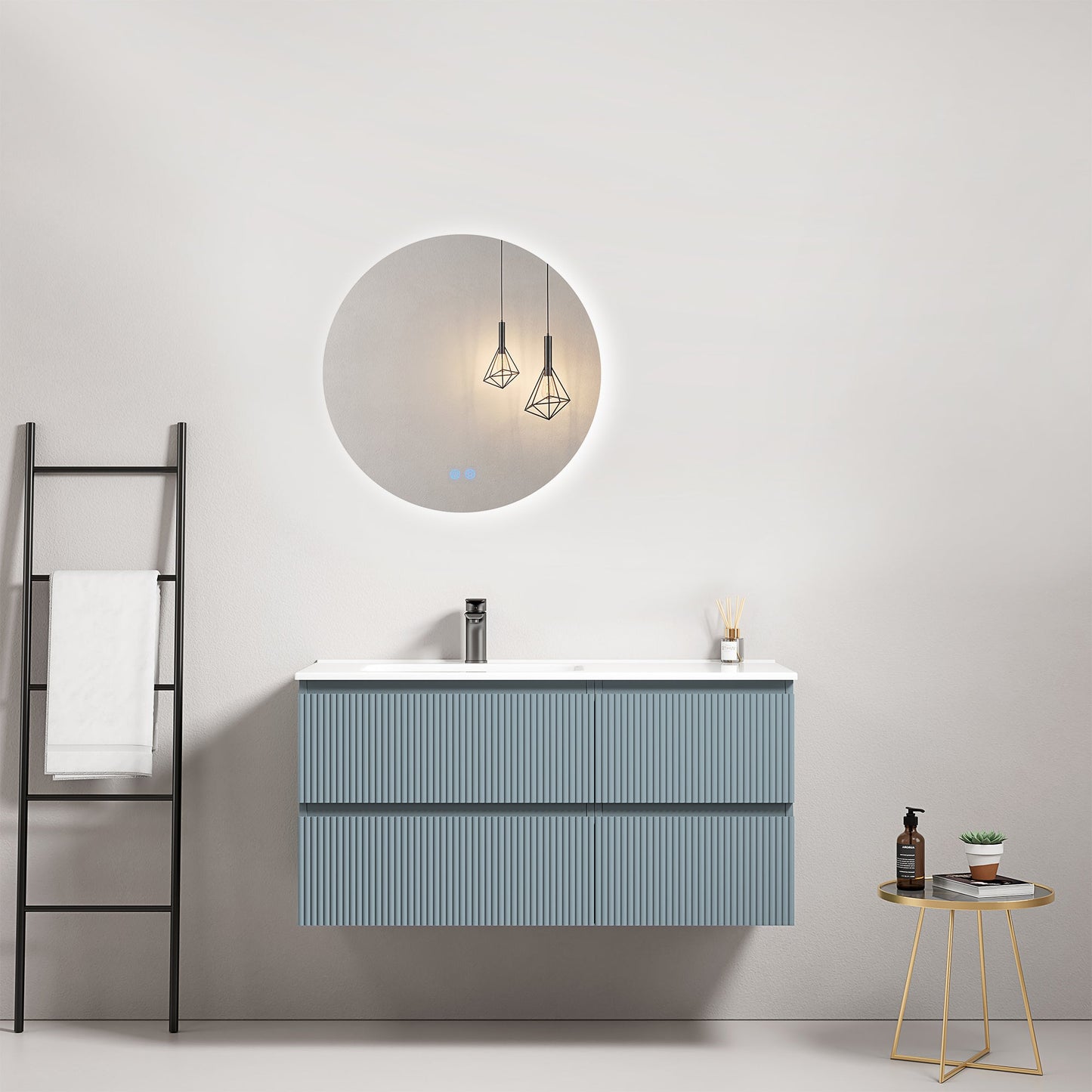 Mobile bagno sospeso cannettato 100 cm Blu Avio Lavabo a Sinistra in Ceramica Specchio Tondo Retroilluminato - Fiji Paint.