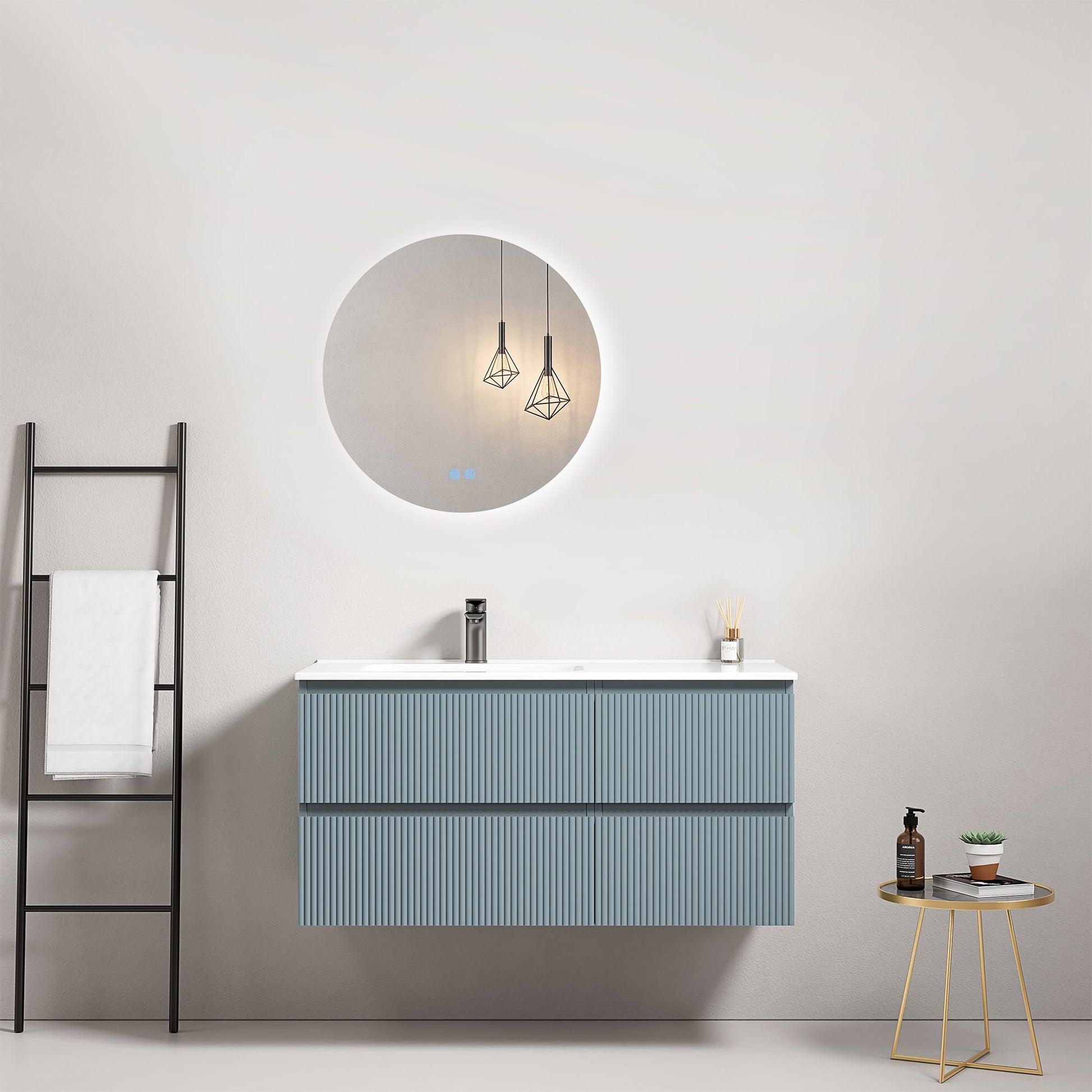 Mobile bagno sospeso cannettato 100 cm Blu Avio Lavabo a Sinistra in Ceramica Specchio Tondo Retroilluminato - Fiji Paint.