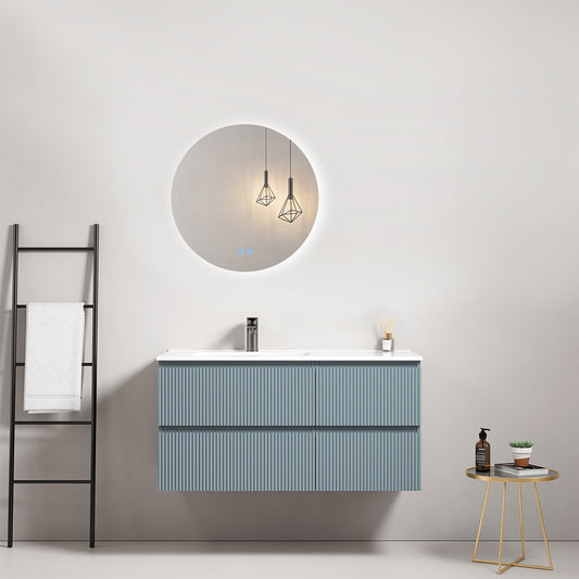 Mobile bagno sospeso cannettato 100 cm Blu Avio Lavabo a Sinistra in Ceramica Specchio Tondo Retroilluminato - Fiji Paint.