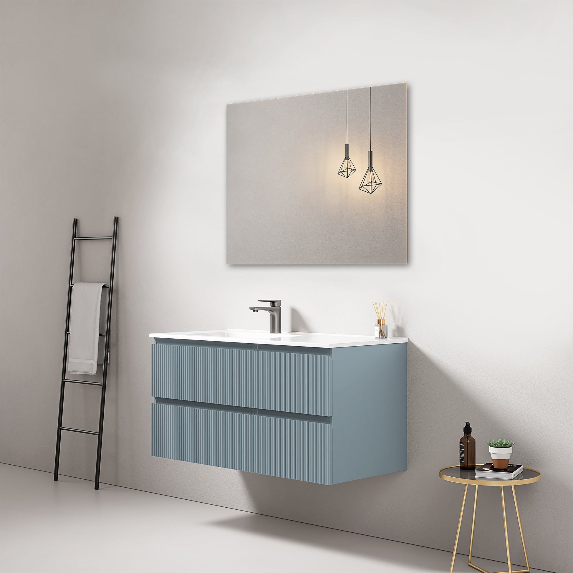 Mobile bagno sospeso cannettato 100 cm Blu Avio Lavabo a Sinistra in Ceramica Specchio Quadro - Fiji Paint