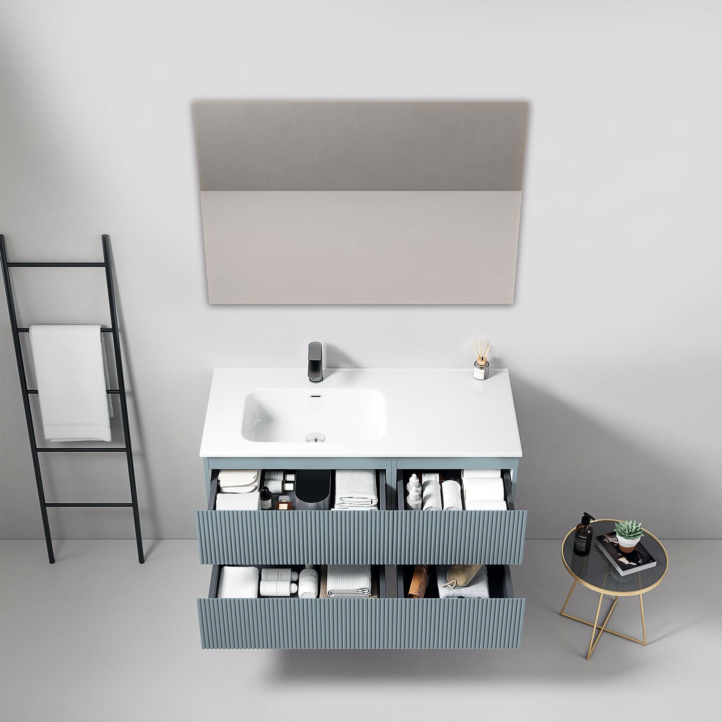 Mobile bagno sospeso cannettato 100 cm Blu Avio Lavabo a Sinistra in Ceramica Specchio Quadro - Fiji Paint