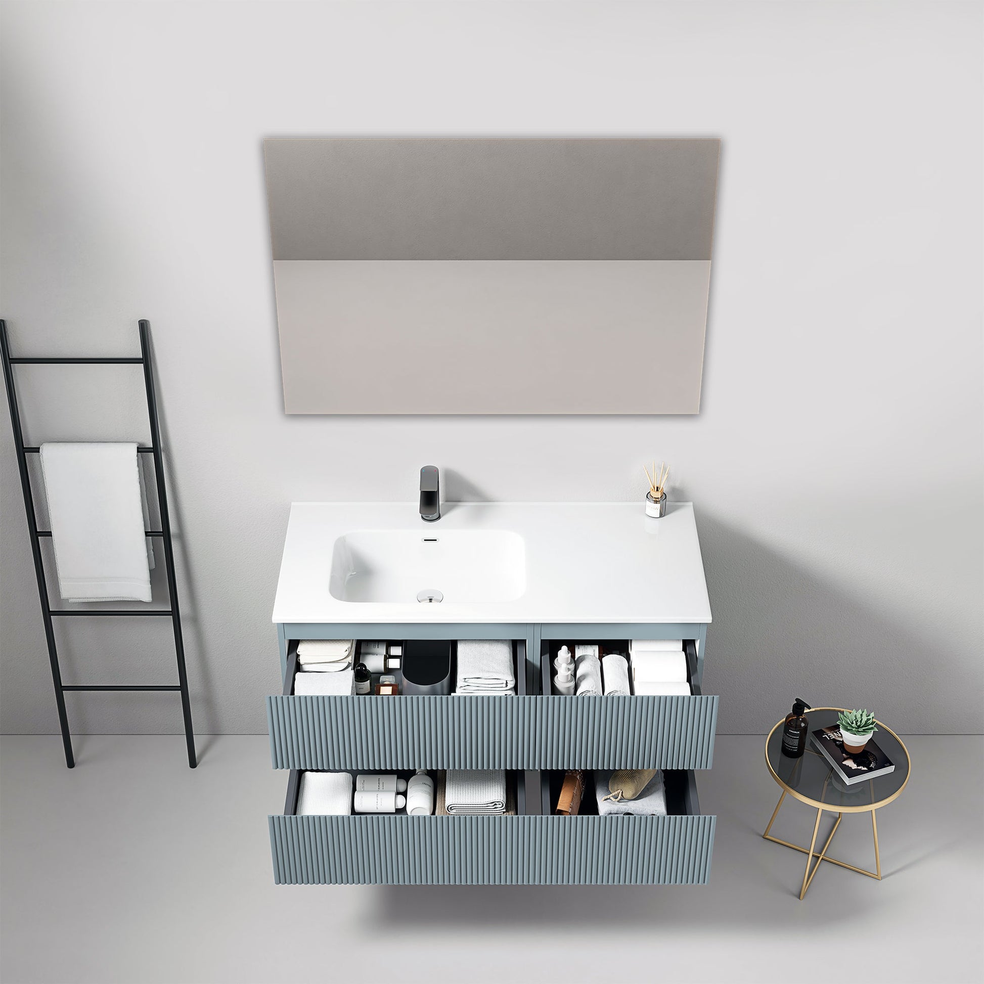 Mobile bagno sospeso cannettato 100 cm Blu Avio Lavabo a Sinistra in Ceramica Specchio Quadro - Fiji Paint
