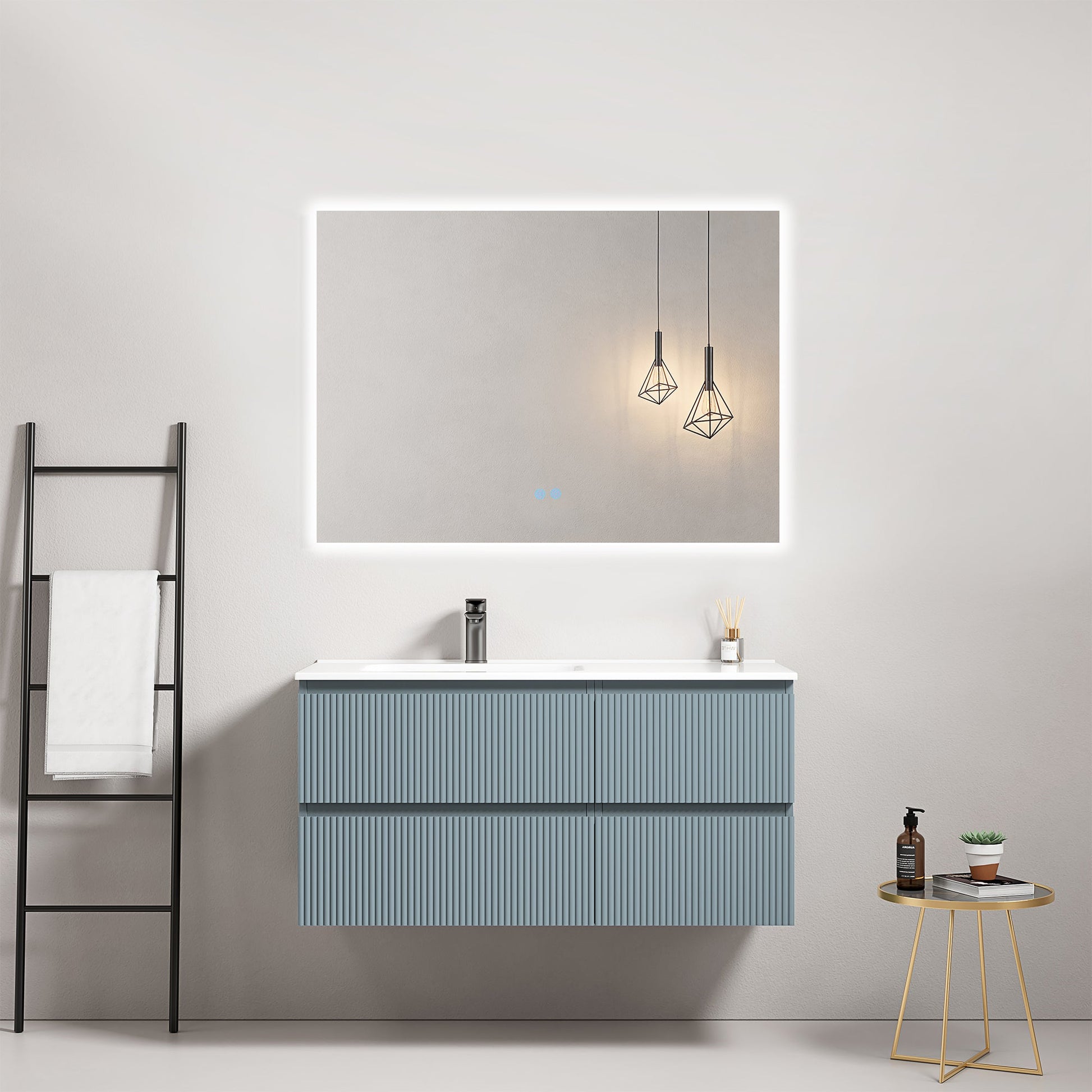 Mobile bagno sospeso cannettato 100 cm Blu Avio Lavabo a Sinistra in Ceramica Specchio Quadro Retroilluminato - Fiji Paint