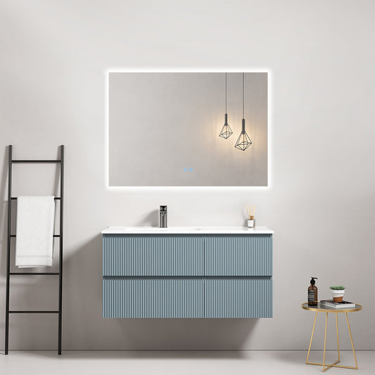 Mobile bagno sospeso cannettato 100 cm Blu Avio Lavabo a Sinistra in Ceramica Specchio Quadro Retroilluminato - Fiji Paint