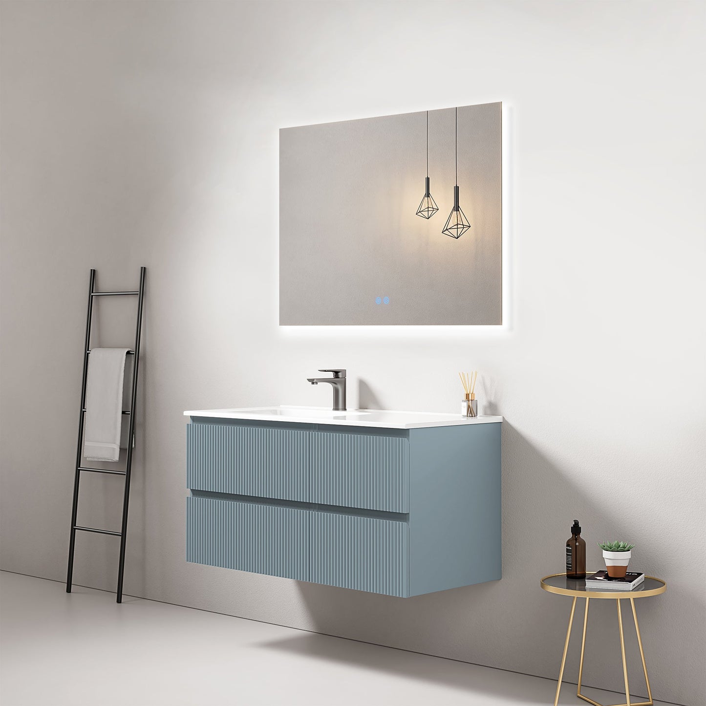 Mobile bagno sospeso cannettato 100 cm Blu Avio Lavabo a Sinistra in Ceramica Specchio Quadro Retroilluminato - Fiji Paint