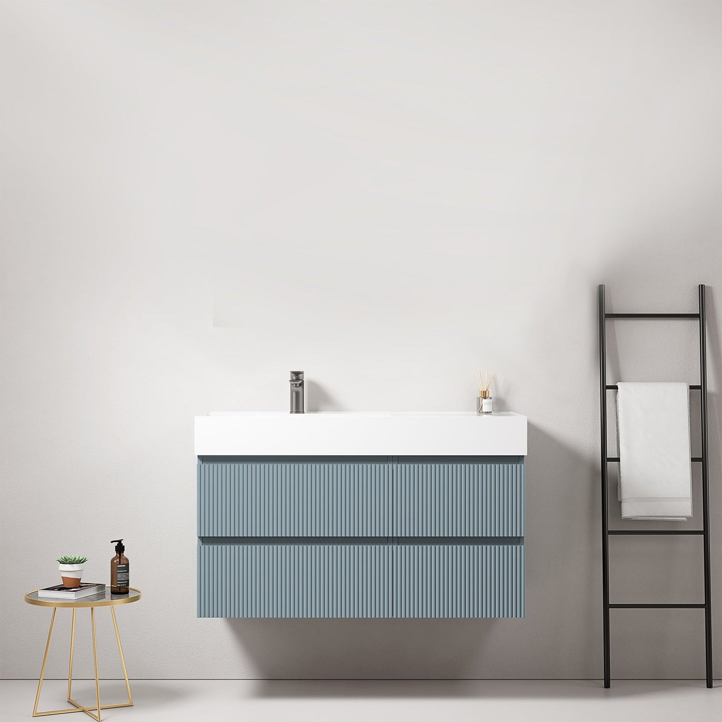 Mobile bagno sospeso cannettato 100 cm Blu Avio Lavabo a Sinistra in Resina Senza Specchio - Fiji Paint