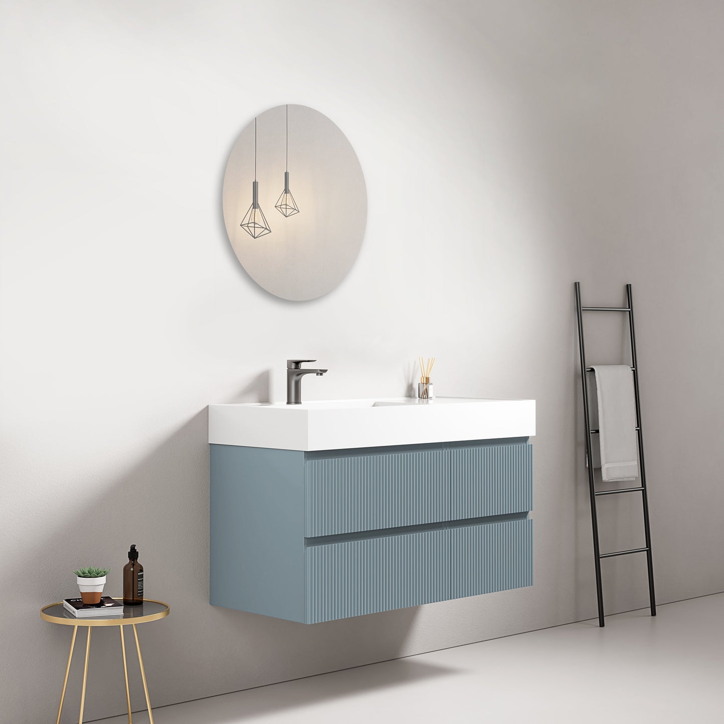 Mobile bagno sospeso cannettato 100 cm Blu Avio Lavabo a Sinistra in Resina Specchio Tondo - Fiji Paint
