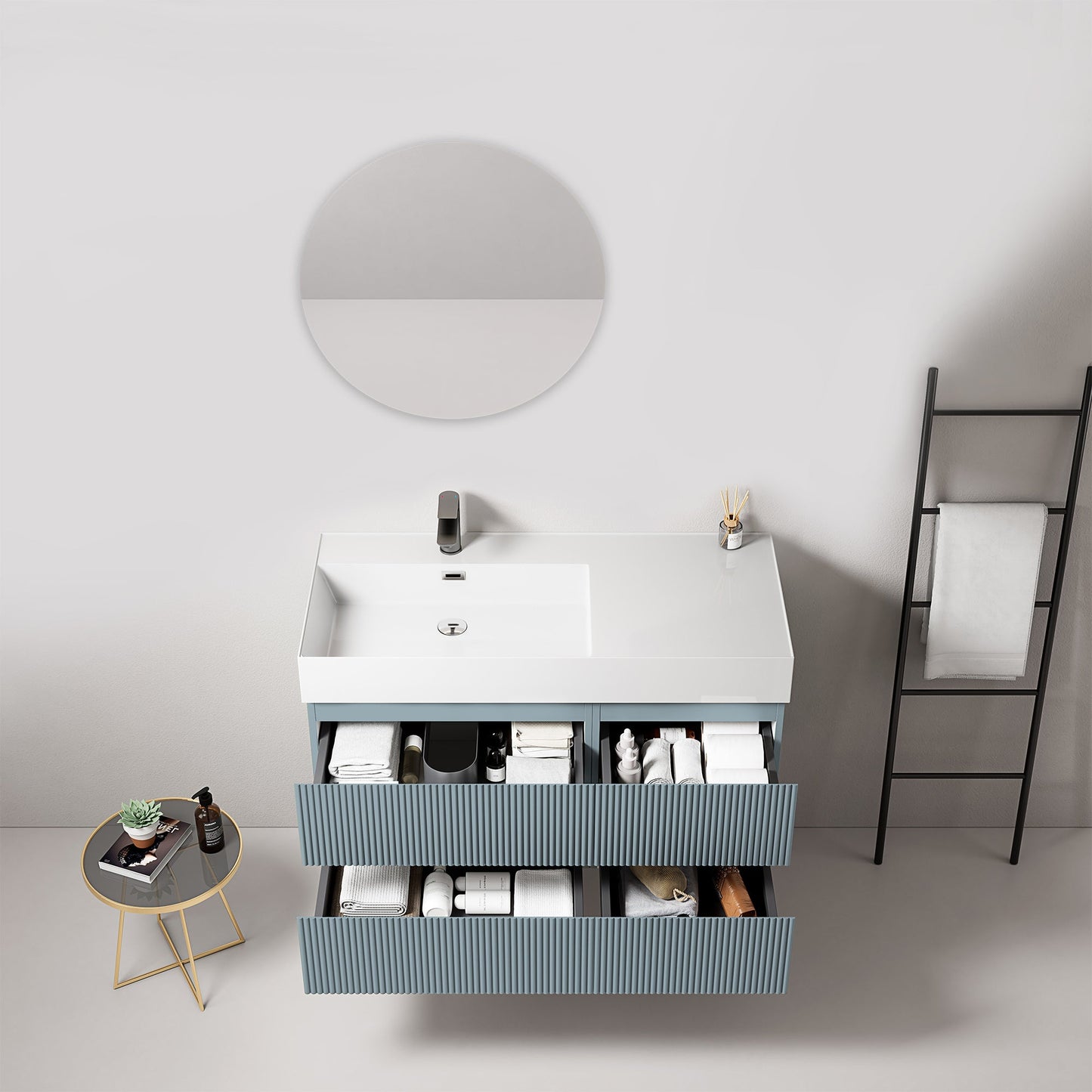 Mobile bagno sospeso cannettato 100 cm Blu Avio Lavabo a Sinistra in Resina Specchio Tondo - Fiji Paint