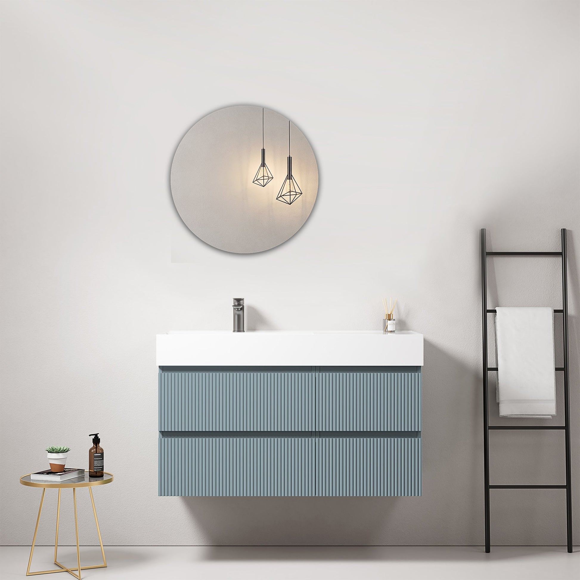 Mobile bagno sospeso cannettato 100 cm Blu Avio Lavabo a Sinistra in Resina Specchio Tondo - Fiji Paint
