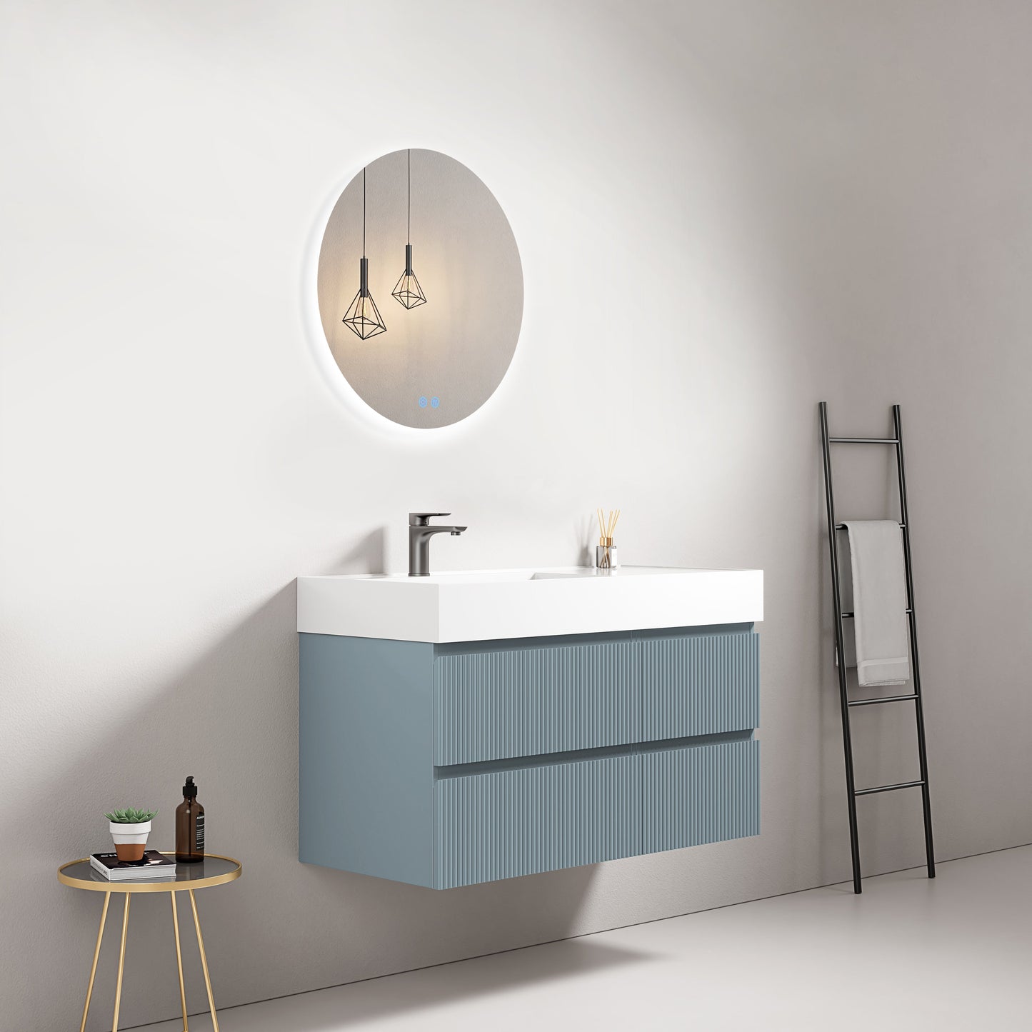 Mobile bagno sospeso cannettato 100 cm Blu Avio Lavabo a Sinistra in Resina Specchio Tondo Retroilluminato - Fiji Paint