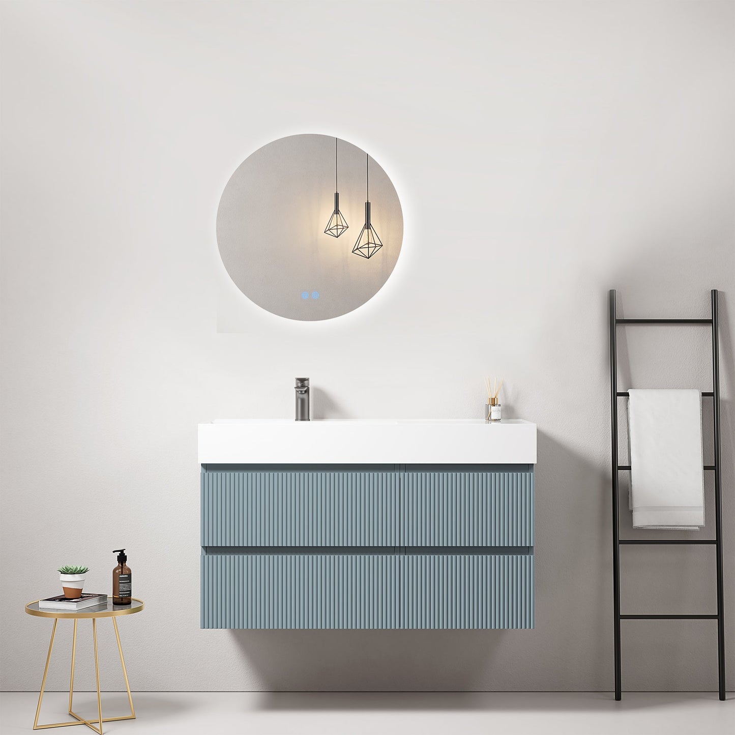 Mobile bagno sospeso cannettato 100 cm Blu Avio Lavabo a Sinistra in Resina Specchio Tondo Retroilluminato - Fiji Paint