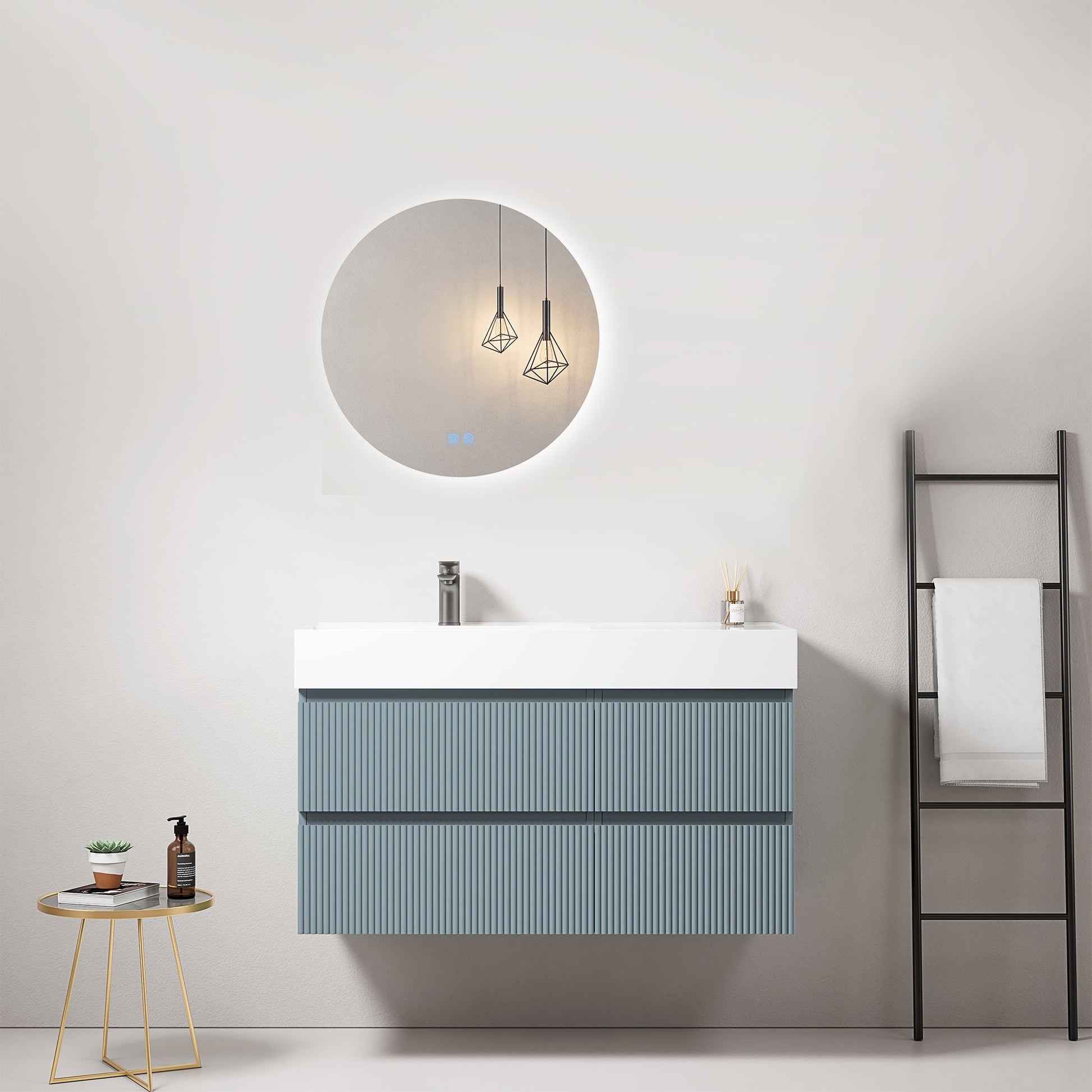 Mobile bagno sospeso cannettato 100 cm Blu Avio Lavabo a Sinistra in Resina Specchio Tondo Retroilluminato - Fiji Paint