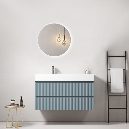 Mobile bagno sospeso cannettato 100 cm Blu Avio Lavabo a Sinistra in Resina Specchio Tondo Retroilluminato - Fiji Paint