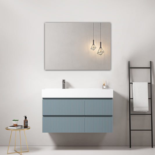 Mobile bagno sospeso cannettato 100 cm Blu Avio Lavabo a Sinistra in Resina Specchio Quadro - Fiji Paint