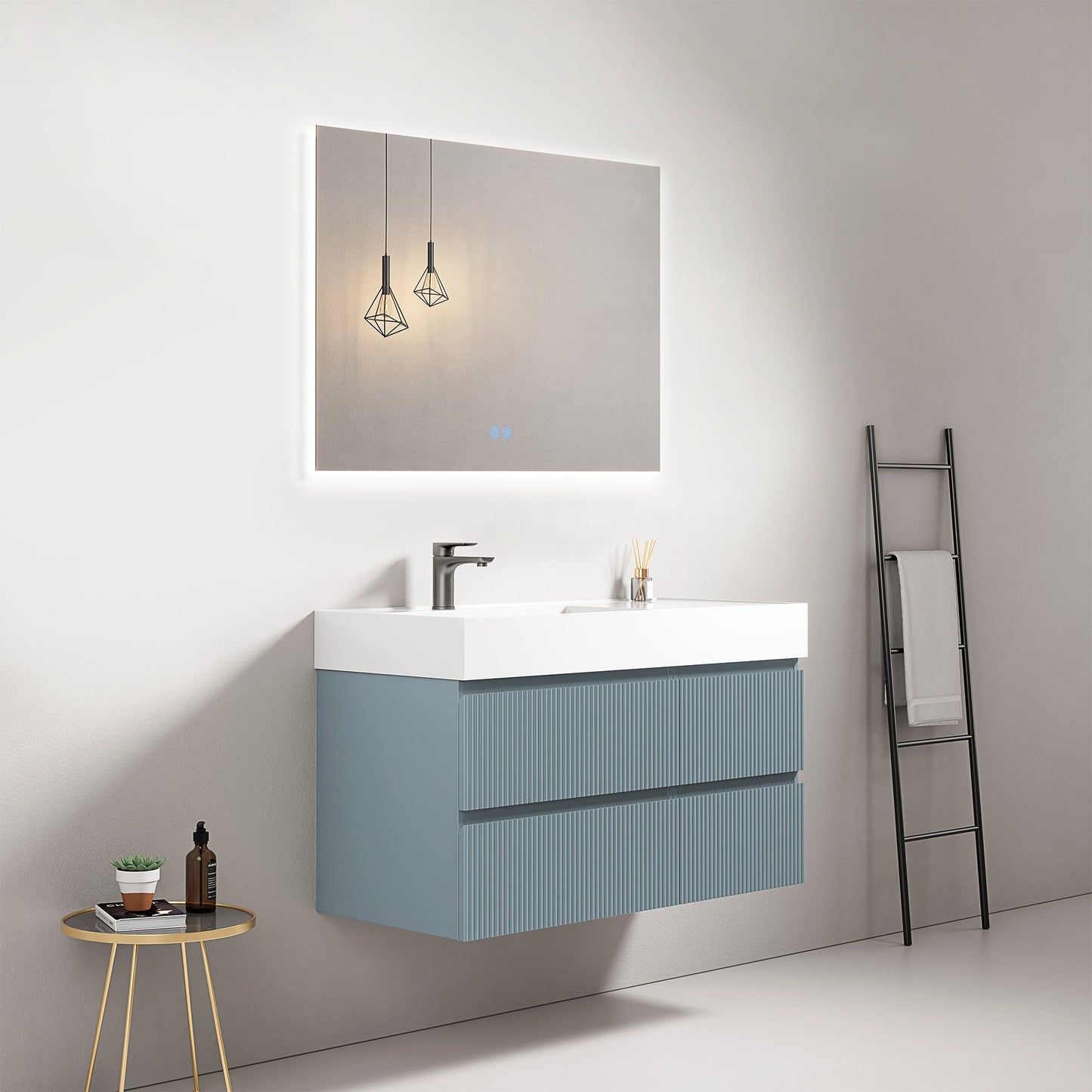 Mobile bagno sospeso cannettato 100 cm Blu Avio Lavabo a Sinistra in Resina Specchio Quadro Retroilluminato - Fiji Paint