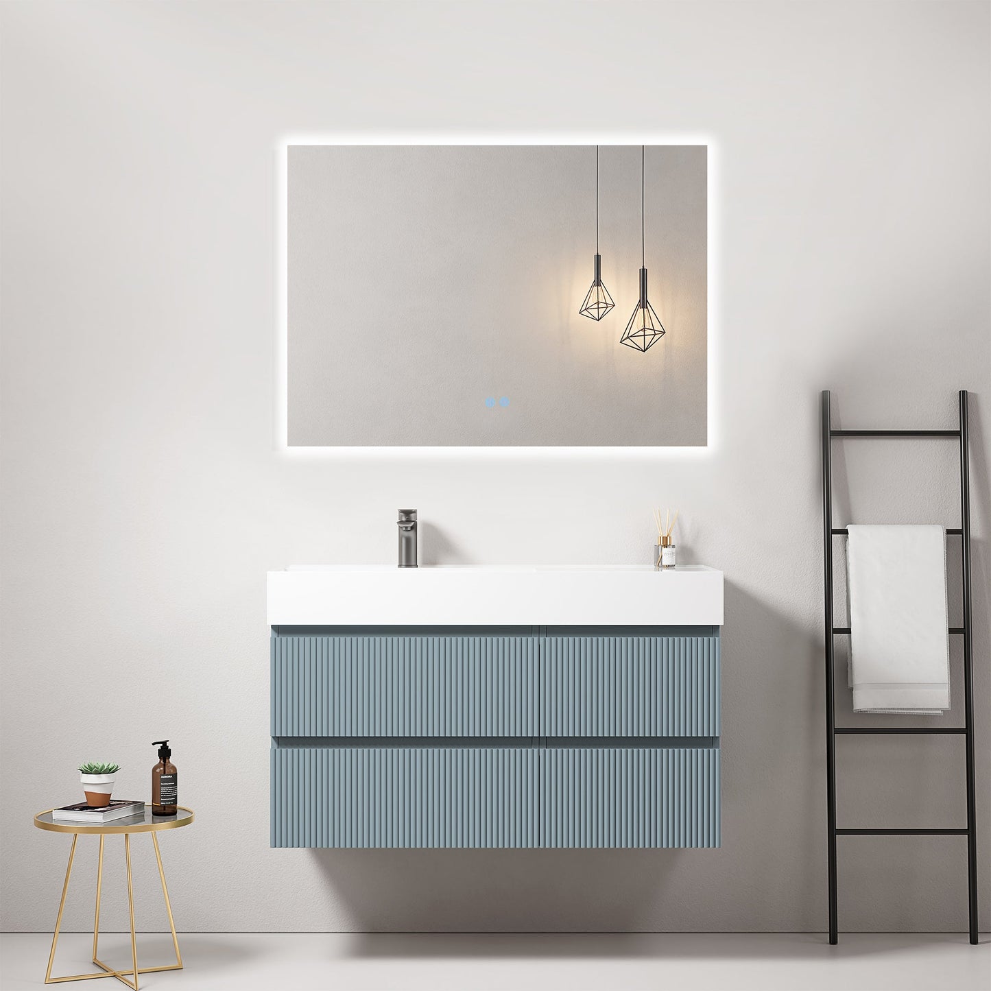 Mobile bagno sospeso cannettato 100 cm Blu Avio Lavabo a Sinistra in Resina Specchio Quadro Retroilluminato - Fiji Paint