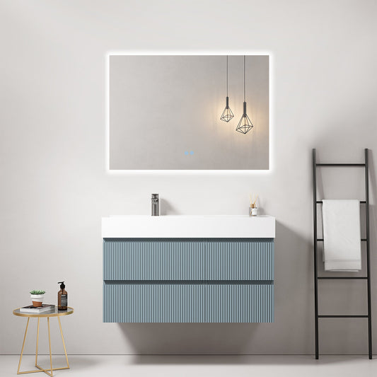 Mobile bagno sospeso cannettato 100 cm Blu Avio Lavabo a Sinistra in Resina Specchio Quadro Retroilluminato - Fiji Paint