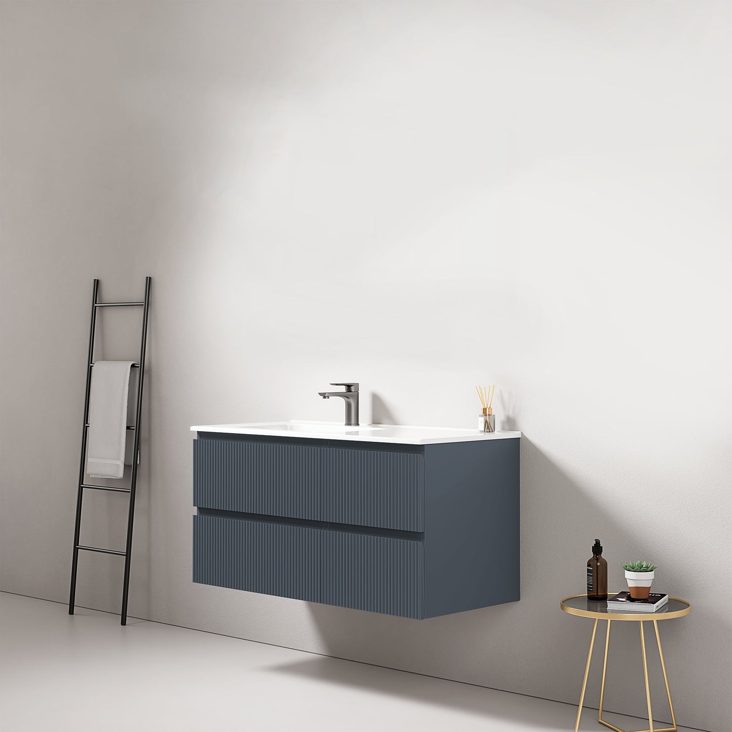 Mobile bagno sospeso cannettato 100 cm Blu Mare Lavabo a Sinistra in Ceramica Senza Specchio - Fiji Paint.