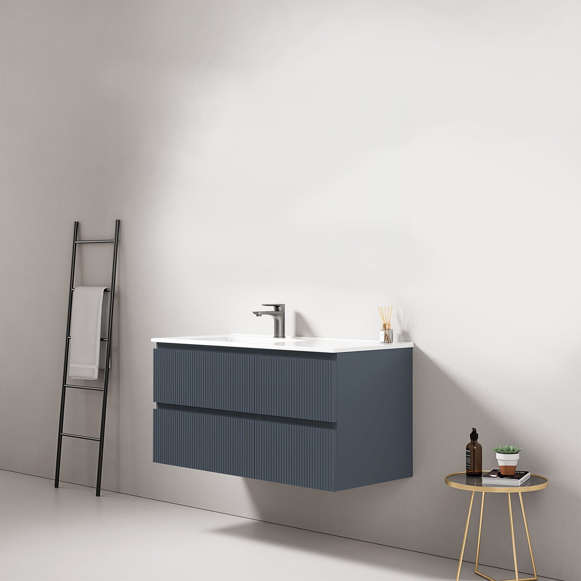 Mobile bagno sospeso cannettato 100 cm Blu Mare Lavabo a Sinistra in Ceramica Senza Specchio - Fiji Paint.