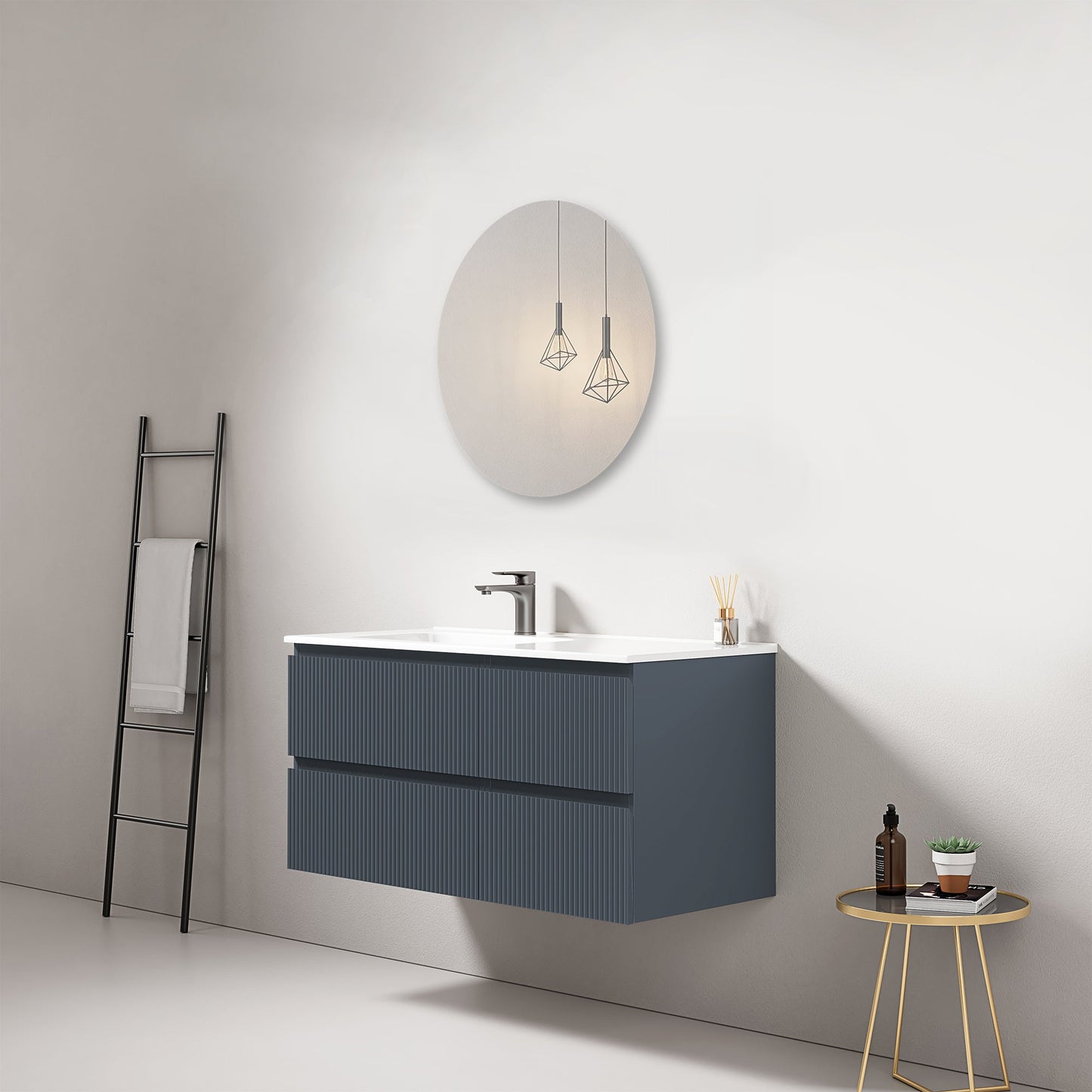 Mobile bagno sospeso cannettato 100 cm Blu Mare Lavabo a Sinistra in Ceramica Specchio Tondo - Fiji Paint