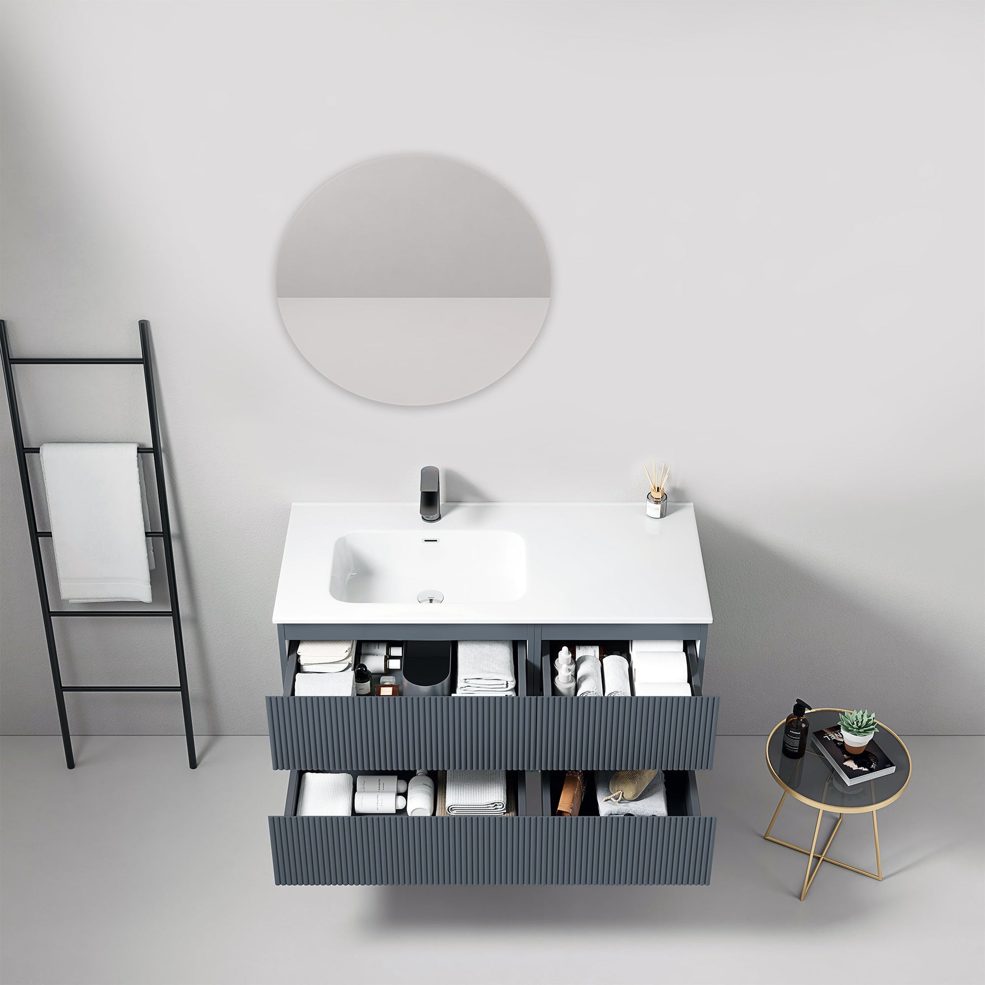 Mobile bagno sospeso cannettato 100 cm Blu Mare Lavabo a Sinistra in Ceramica Specchio Tondo - Fiji Paint
