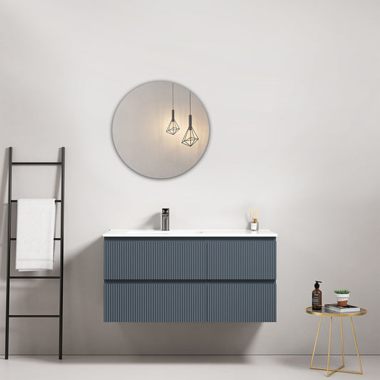 Mobile bagno sospeso cannettato 100 cm Blu Mare Lavabo a Sinistra in Ceramica Specchio Tondo - Fiji Paint.